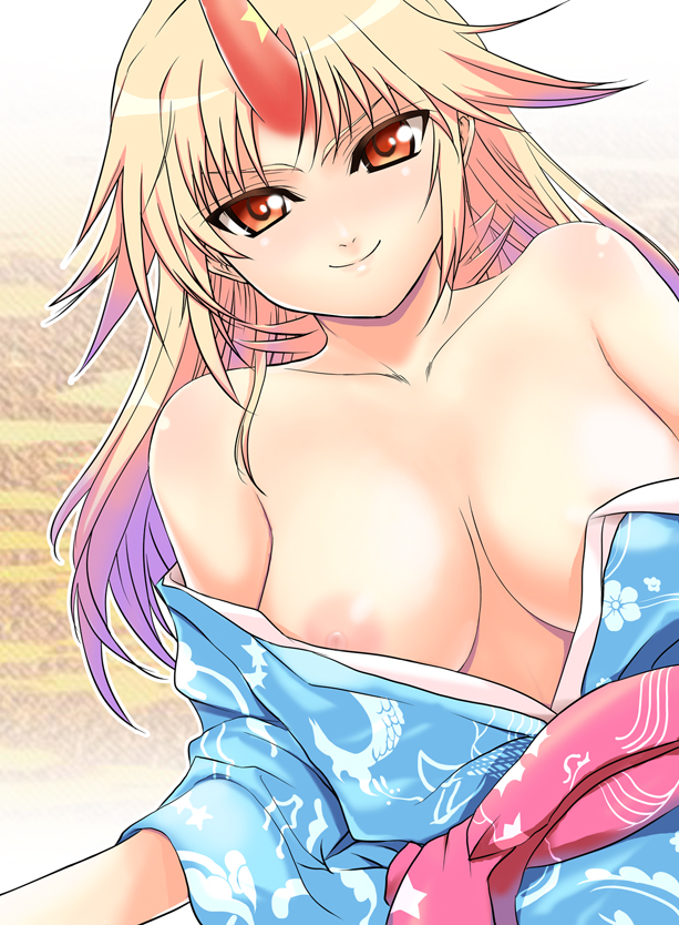 takadoya, hoshiguma yuugi, hoshiguma yuugi (kimono), touhou, 1girl, bare shoulders, blonde hair, blue kimono, breasts, breasts apart, cleavage, female focus, horns, japanese clothes, kimono, kimono pull, large breasts, long hair, nipples, red eyes, single horn, smile, solo, yukata