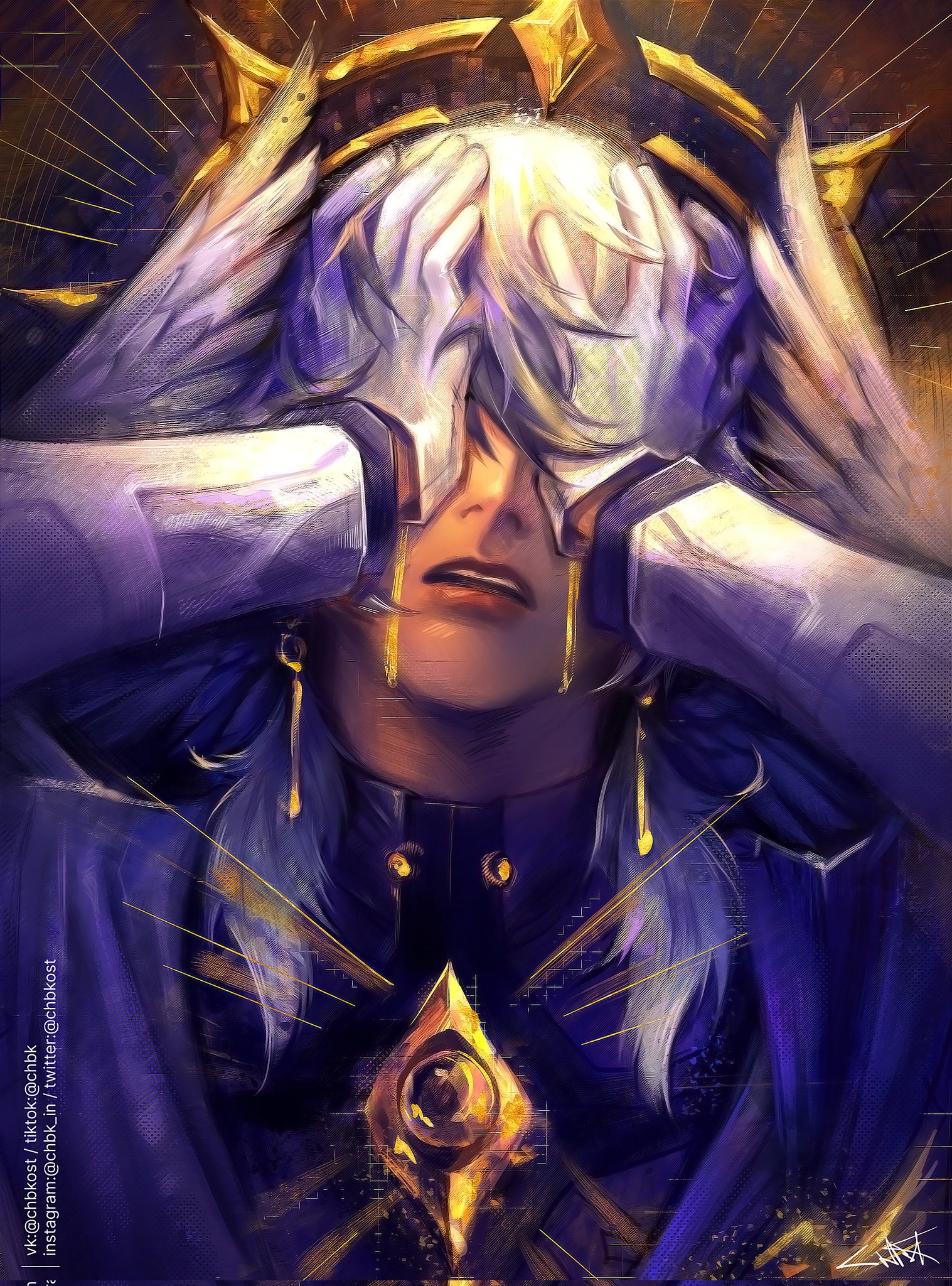 sunday (honkai: star rail), honkai: star rail, honkai (series), commentary, english commentary, highres, 1boy, chbkost, feathered wings, gloves, hair between eyes, halo, halo behind head, hands on own face, head wings, lips, long sleeves, male focus, medium hair, solo, spiked halo, teeth, upper body, upper teeth only, white gloves, white wings, wings, yellow halo