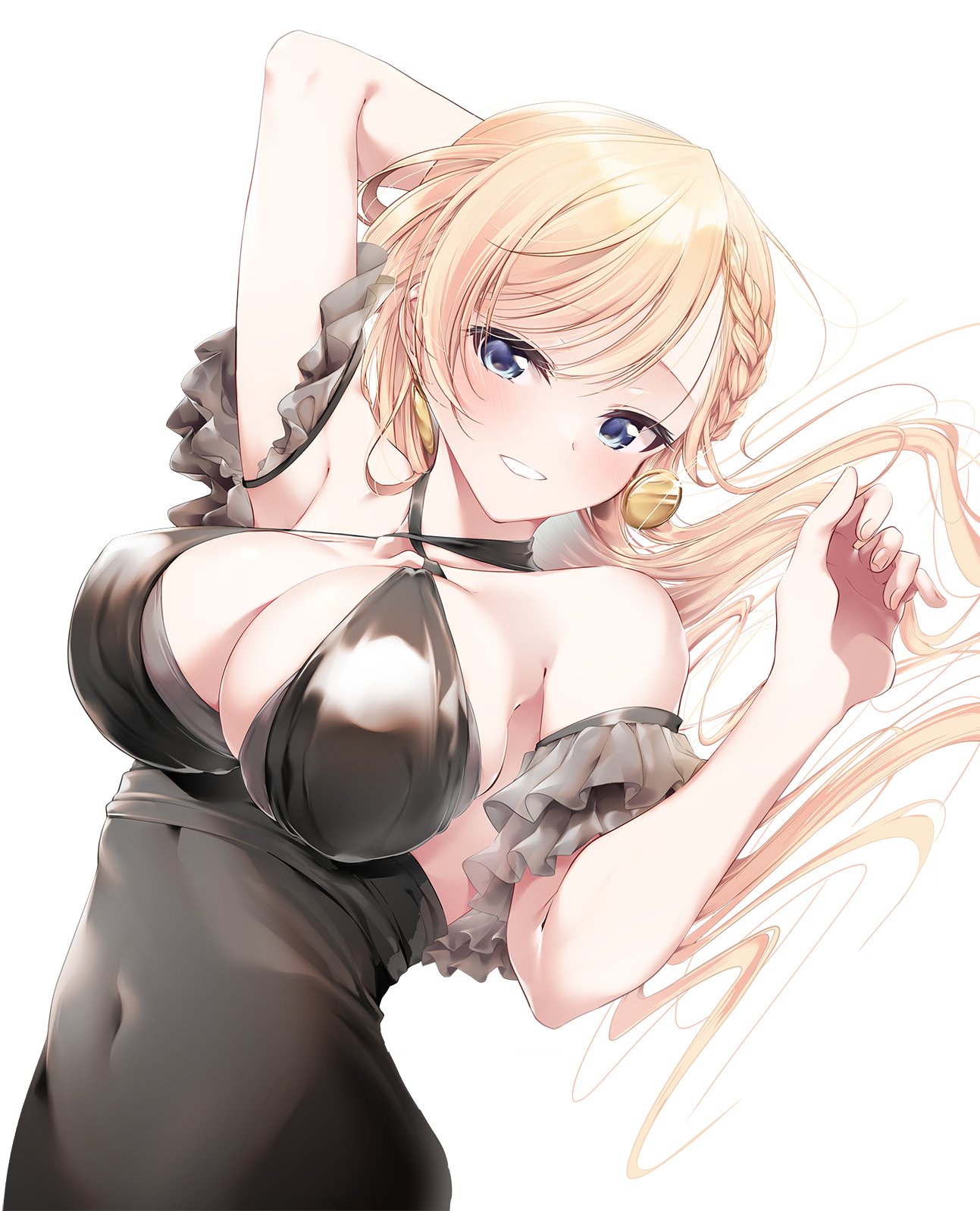 araragi ayune, rinna milford, isshiki-san wa koi wo shiritai., commentary, highres, symbol-only commentary, 1girl, arm behind head, bare shoulders, black dress, blonde hair, blue eyes, braid, breasts, cover image, covered navel, dress, grin, large breasts, long hair, looking at viewer, simple background, smile, solo, swept bangs, upper body, white background