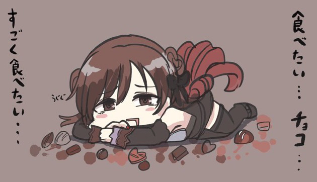 kawamochi (kawauti919), copyright request, translation request, 1girl, black dress, black sleeves, black thighhighs, blush stickers, brown background, brown eyes, brown hair, chibi, chocolate, detached sleeves, dress, drooling, full body, hair between eyes, long sleeves, looking at viewer, lying, mouth drool, on stomach, parted lips, simple background, solo, thighhighs