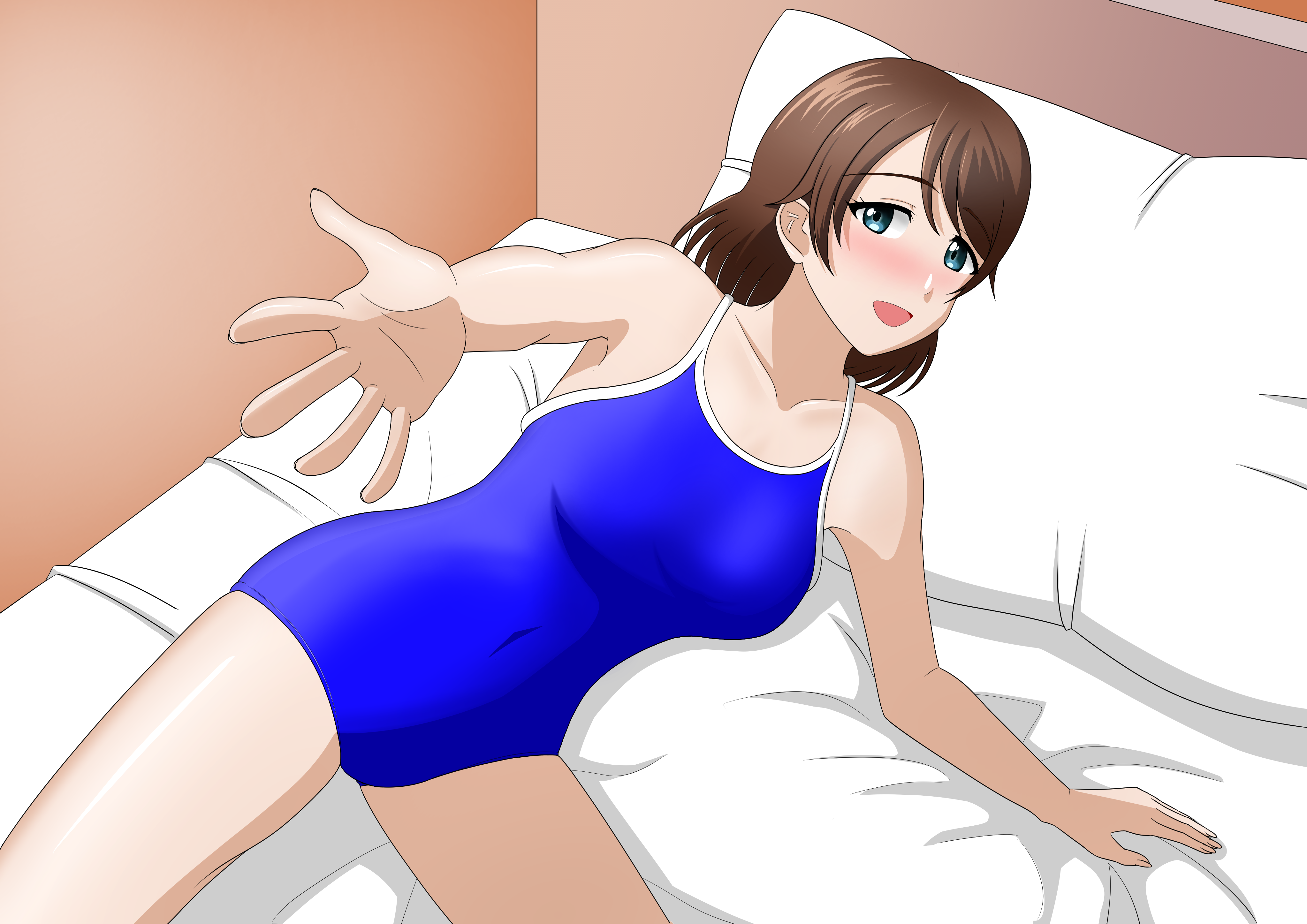 kosaka honoka's mother, love live!, love live! school idol project, 1girl, blue eyes, brown hair, one-piece swimsuit, pillow, school swimsuit, swimsuit