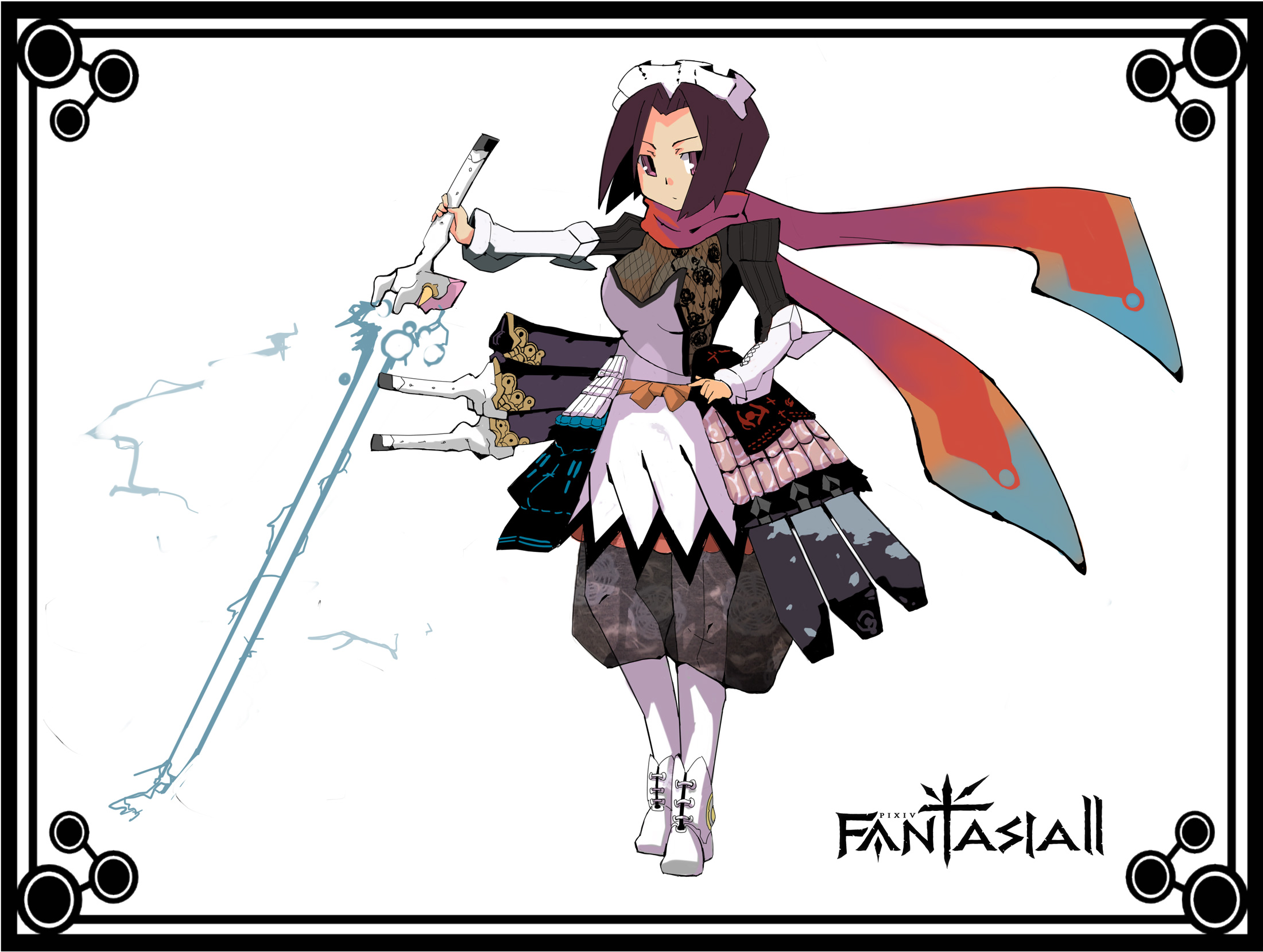 sharekoube, pixiv fantasia, pixiv fantasia 2, bad id, bad pixiv id, highres, 1girl, breasts, brown hair, dress, female focus, fishnets, large breasts, maid headdress, scarf, short hair, solo, sword, weapon