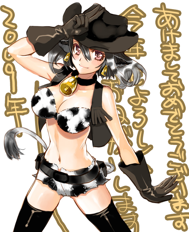 macchatei koeda, 00s, 1girl, 2009, animal ears, animal print, bell, black hair, breasts, cleavage, cow ears, cow girl, cow print, cowboy hat, cowboy shot, cowboy western, cowgirl (western), earrings, female focus, fringe trim, gloves, hat, jewelry, large breasts, midriff, new year, pink eyes, short hair, smile, solo, tail, thighhighs, vest