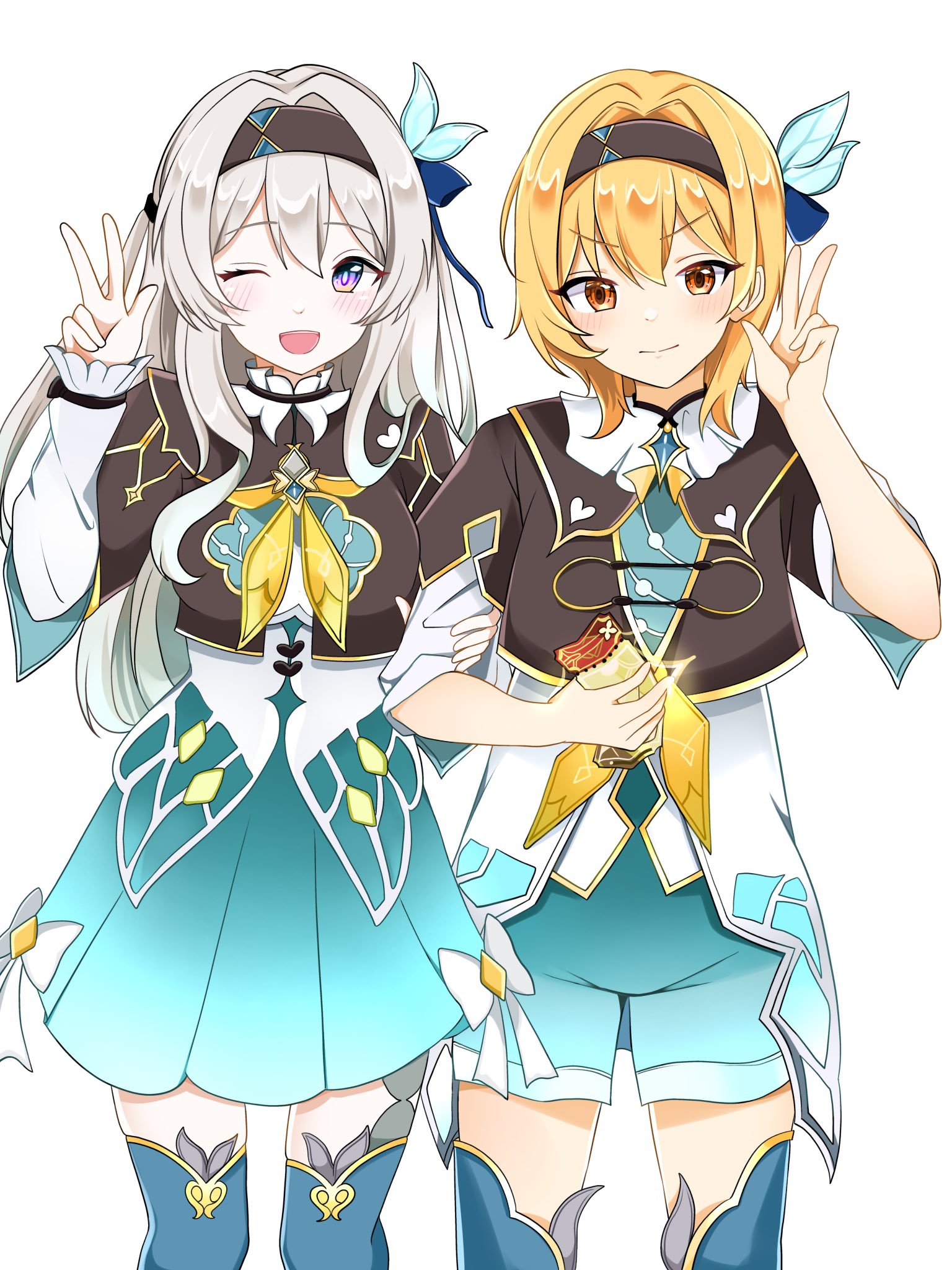 sakyumiru, firefly (honkai: star rail), honkai: star rail, honkai (series), original, commentary request, highres, second-party source, 1boy, 1girl, ;o, adapted costume, black capelet, black hairband, blonde hair, breasts, capelet, cosplay, dress, firefly (honkai: star rail) (cosplay), green dress, green shorts, green thighhighs, hairband, holding, holding ticket, long hair, medium breasts, multicolored hair, one eye closed, orange eyes, short hair, shorts, simple background, star rail special pass (honkai: star rail), thighhighs, ticket, two-tone hair, w, white background