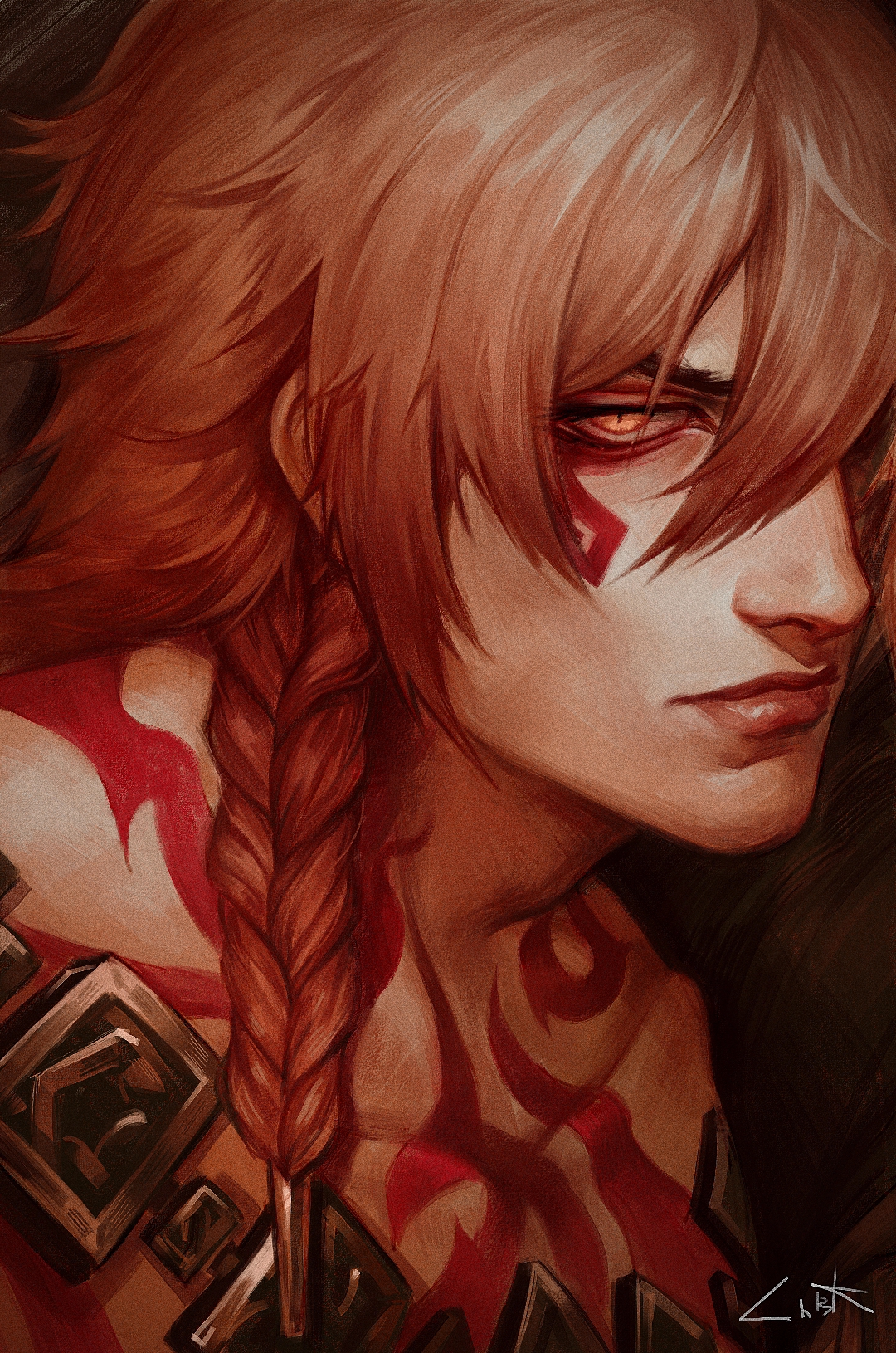 mydei (honkai: star rail), honkai: star rail, honkai (series), commentary request, highres, 1boy, blonde hair, braid, chbkost, chest tattoo, facial tattoo, gradient hair, jewelry, lips, looking at viewer, male focus, medium hair, multicolored hair, necklace, nose, red hair, red tattoo, side braid, solo, tattoo, upper body, yellow eyes