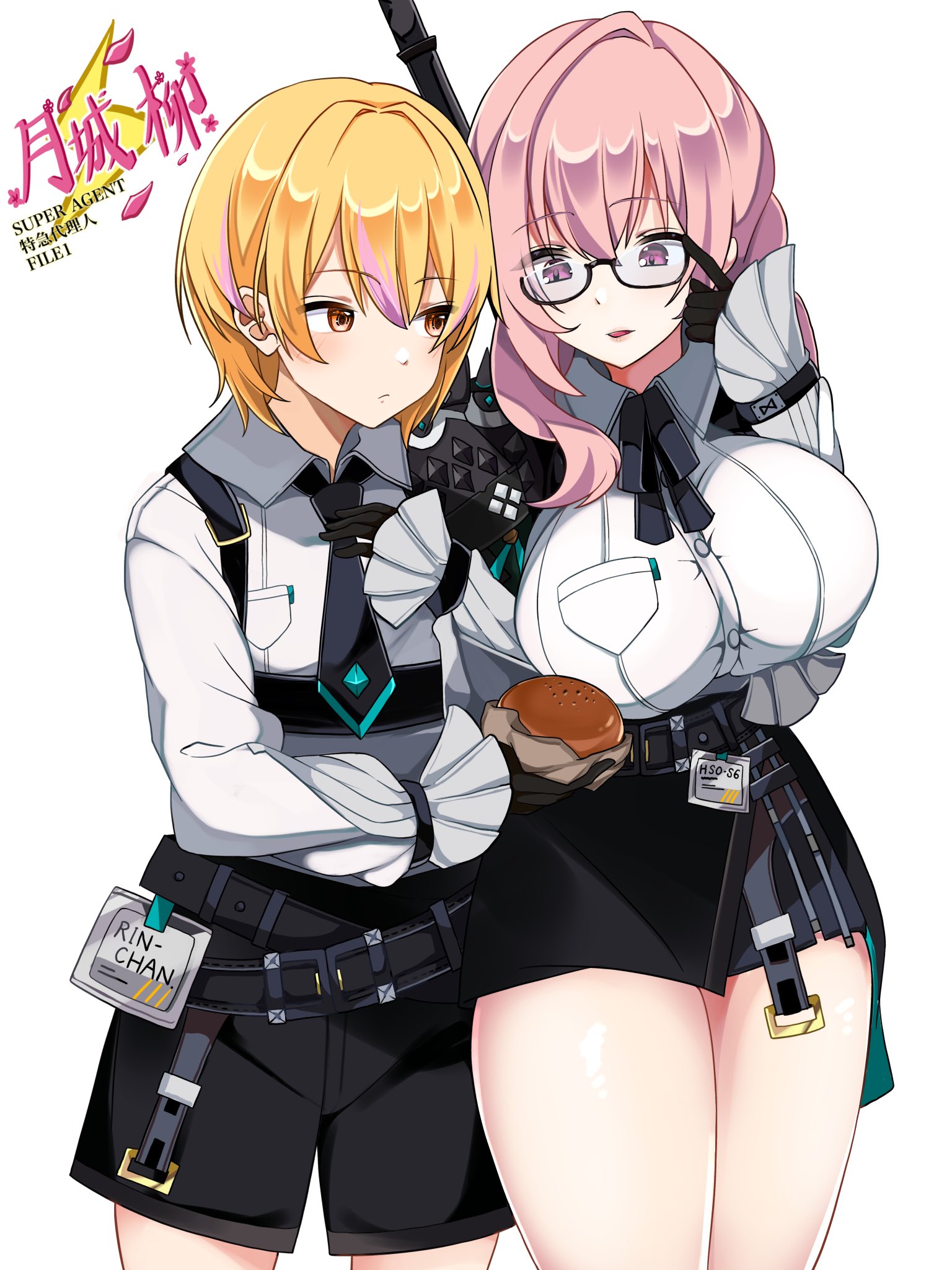 sakyumiru, tsukishiro yanagi, original, zenless zone zero, commentary request, highres, second-party source, 1boy, adapted costume, black gloves, black necktie, black shorts, black skirt, blonde hair, breasts, cosplay, food, glasses, gloves, holding, holding food, id card, large breasts, long hair, miniskirt, necktie, orange eyes, pencil skirt, pink eyes, pink hair, shirt, short hair, shorts, simple background, skirt, thighs, tsukishiro yanagi (cosplay), white background, white shirt