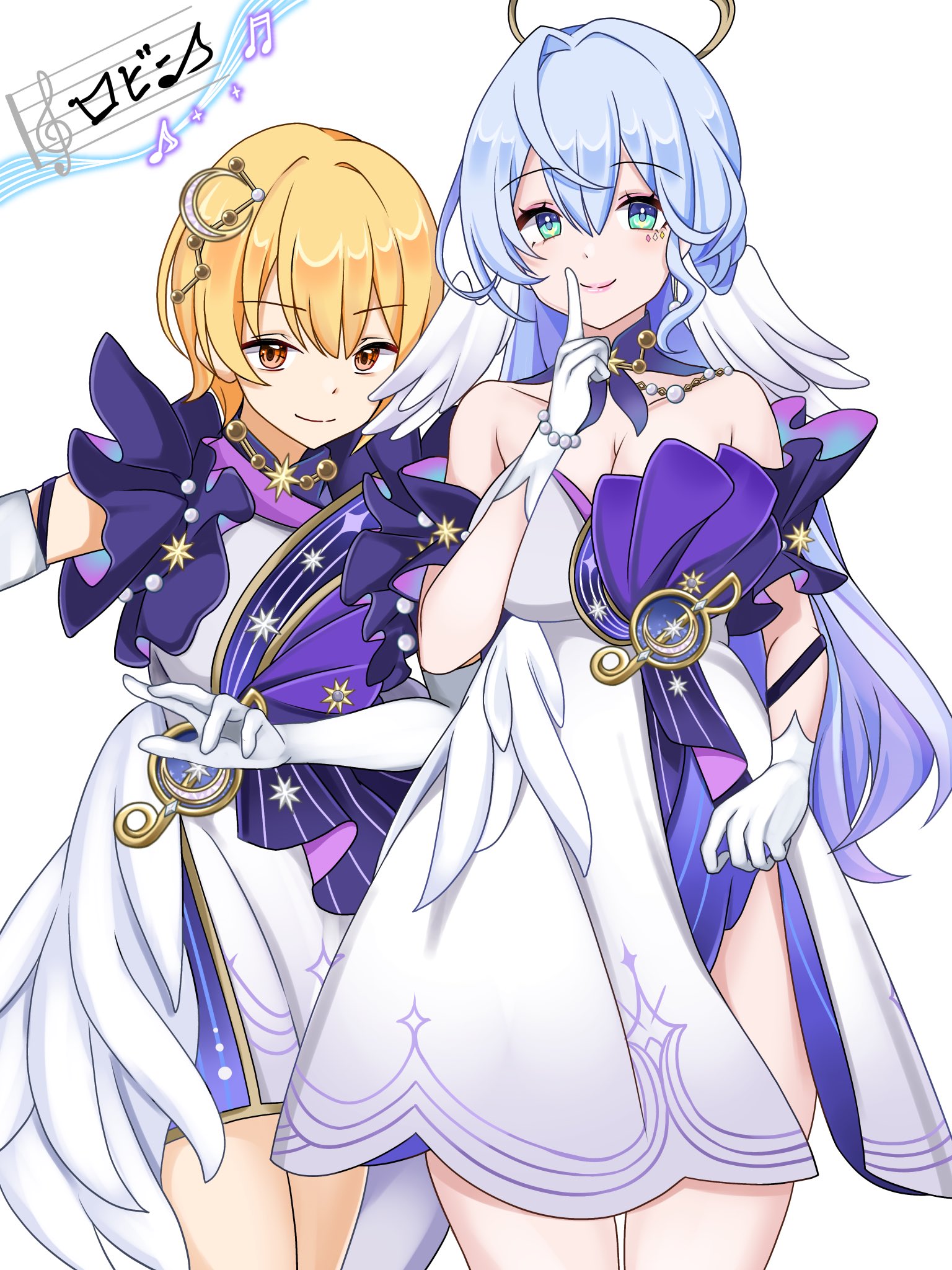 sakyumiru, robin (honkai: star rail), honkai: star rail, honkai (series), original, commentary request, highres, second-party source, 1boy, 1girl, bare shoulders, blonde hair, blue hair, breasts, cleavage, cosplay, crossdressing, crossdressing (mtf), dress, elbow gloves, gloves, green eyes, halo, head wings, large breasts, long hair, orange eyes, robin (honkai: star rail) (cosplay), short hair, simple background, smile, thighs, very long hair, white background, white dress, white gloves, wings