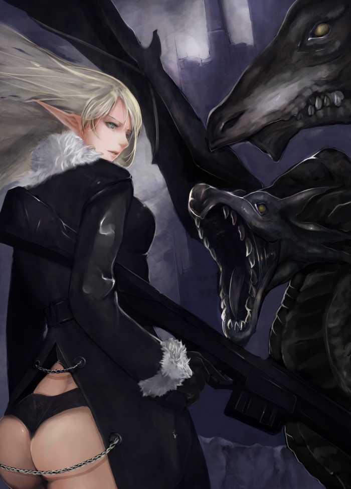 asanuma, original, bad id, bad pixiv id, 1girl, ass, coat, dragon, elf, fantasy, gun, looking back, pointy ears, rifle, standing, weapon
