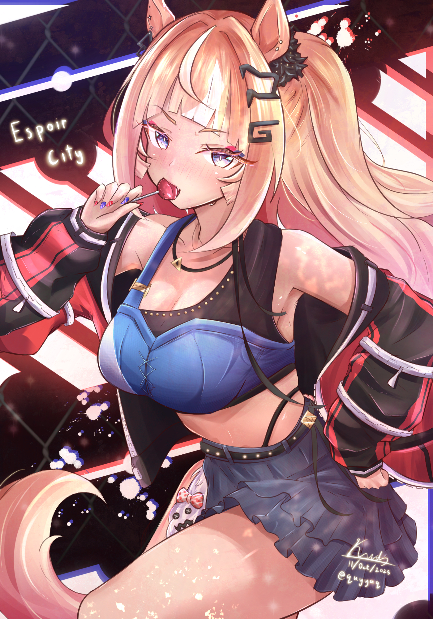quyyaq, espoir city (red devil gear) (umamusume), espoir city (umamusume), umamusume, highres, 1girl, animal ears, bare shoulders, black jacket, blue eyes, blue sports bra, blush, breasts, brown hair, candy, cleavage, collarbone, ear ornament, food, hair ornament, holding, holding candy, holding food, holding lollipop, horse ears, horse girl, horse tail, jacket, jewelry, large breasts, lollipop, lollipop in mouth, long hair, looking at viewer, midriff, multicolored hair, necklace, open clothes, open jacket, orange hair, panty straps, ponytail, red jacket, skirt, solo, sports bra, tail, white hair