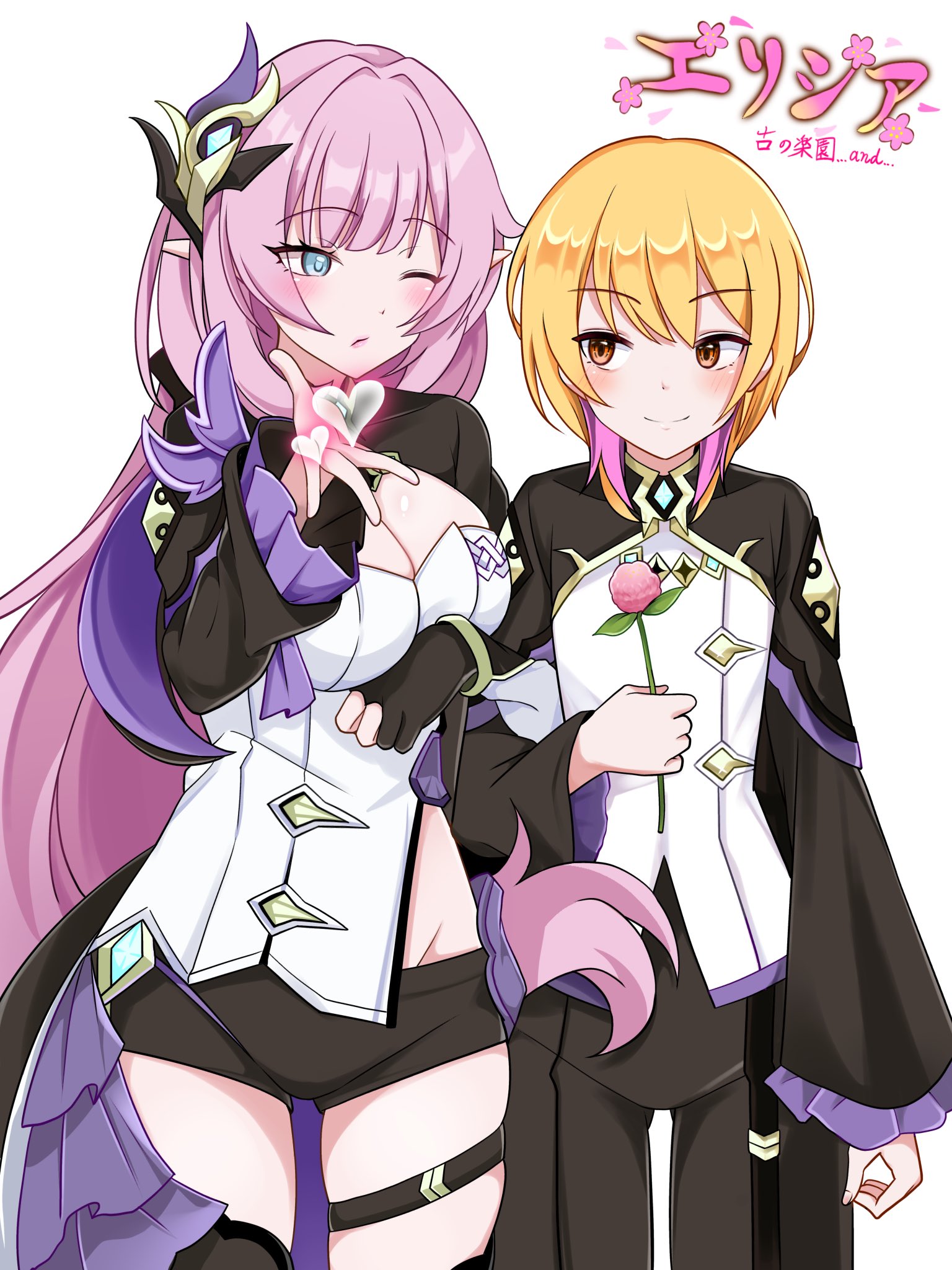 sakyumiru, elysia (honkai impact), elysia (miss pink elf) (honkai impact), honkai (series), honkai impact 3rd, original, commentary request, highres, second-party source, 1boy, 1girl, adapted costume, black gloves, black panties, black shorts, blonde hair, blowing kiss, blue eyes, breasts, cleavage, corset, cosplay, elf, elysia (honkai impact) (cosplay), flower, gloves, groin, hair ornament, holding, holding flower, large breasts, long hair, looking at another, panties, partially fingerless gloves, pink flower, pink hair, pink tulip, pointy ears, shirt, short hair, short shorts, shorts, shrug (clothing), simple background, single glove, thigh strap, thighs, tulip, underwear, very long hair, white background, white corset, white shirt
