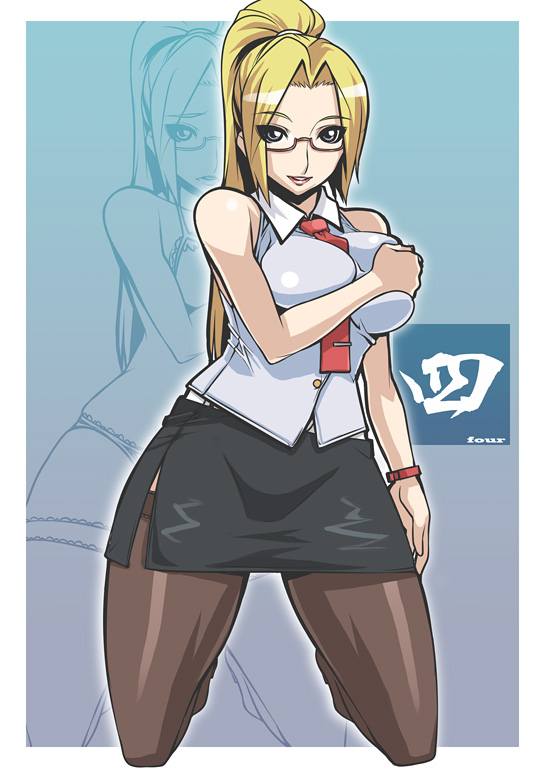 nek, original, 1girl, blonde hair, blue eyes, bra, bracelet, breasts, breasts squeezed together, collar, female focus, glasses, grabbing another's breast, groping, hair ribbon, high ponytail, jewelry, kneeling, large breasts, legs, long hair, miniskirt, necktie, panties, pantyshot, pencil skirt, ponytail, red-framed eyewear, ribbon, side slit, skirt, solo, thighhighs, thighs, underwear, upskirt, zoom layer