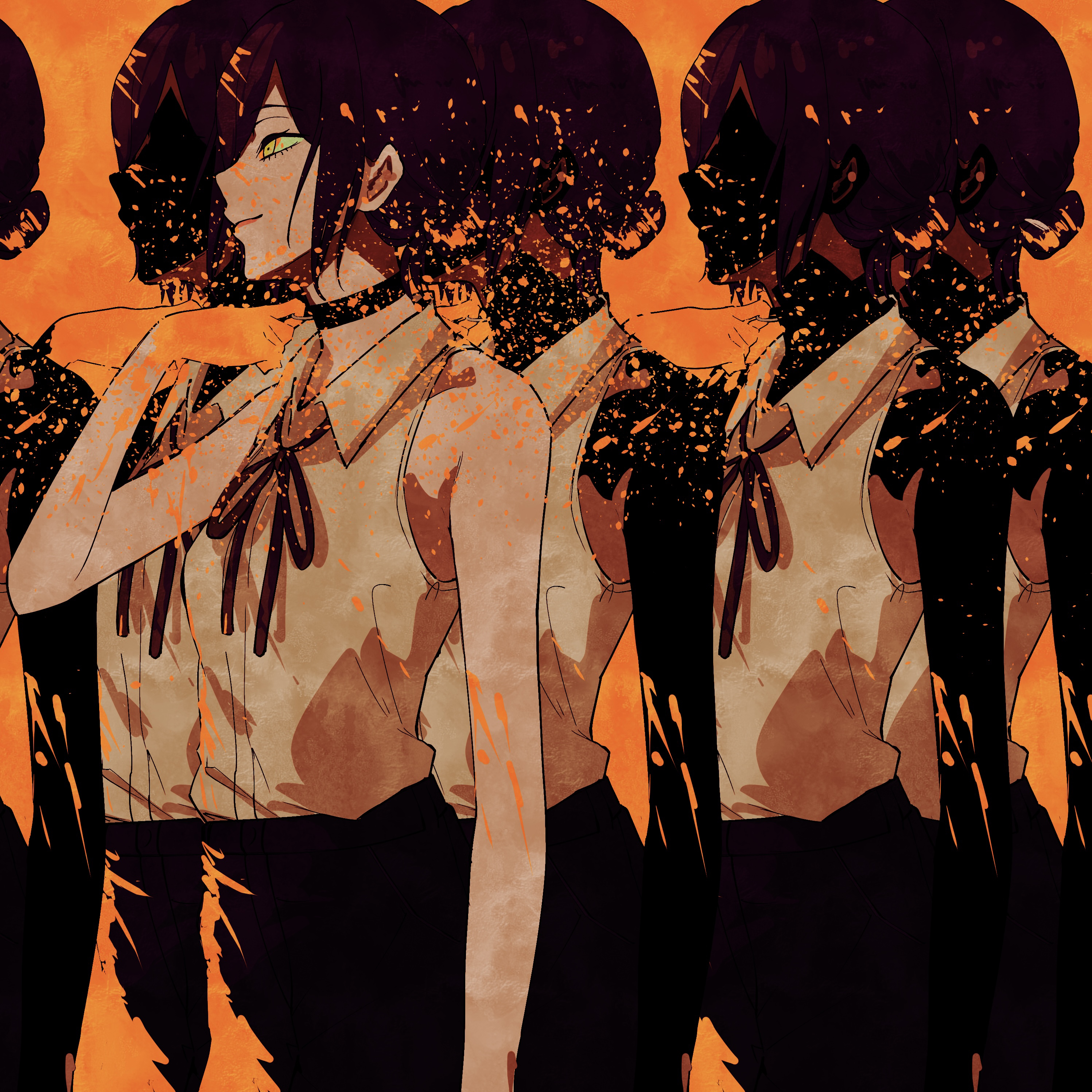 nanameda yuuhi, reze (chainsaw man), chainsaw man, absurdres, commentary request, highres, 1girl, black hair, black ribbon, black shorts, closed mouth, green eyes, grey shirt, neck ribbon, orange background, ribbon, shirt, shorts, sleeveless, sleeveless shirt