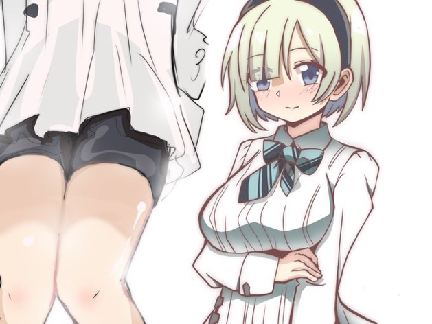 kawamochi (kawauti919), copyright request, 1girl, arm under breasts, black hairband, black shorts, blush, breasts, brown hair, closed mouth, dress, eyes visible through hair, grey eyes, hair over one eye, hairband, long sleeves, medium breasts, multiple views, short shorts, shorts, shorts under dress, simple background, white background, white dress