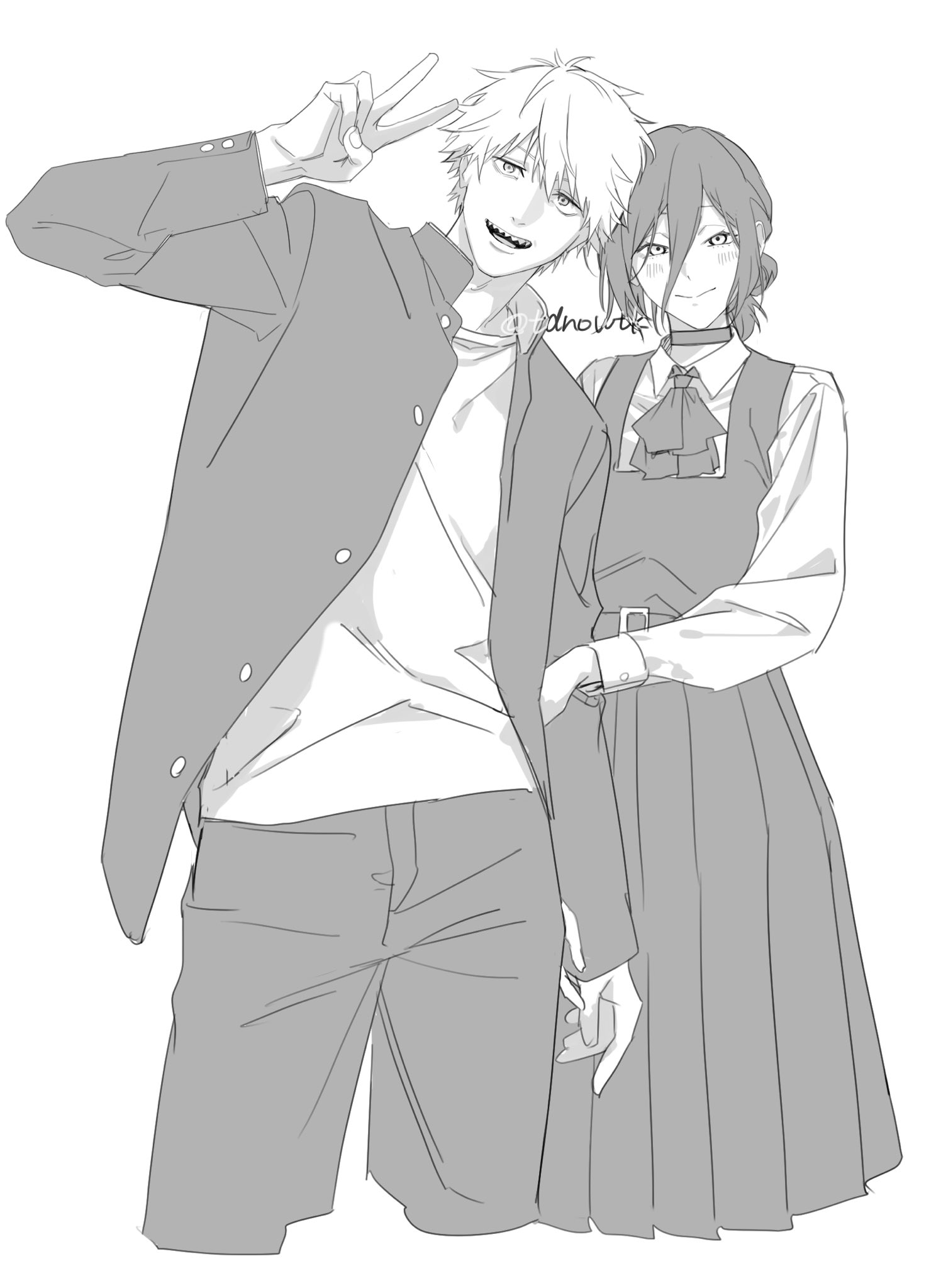 tdnowtk, denji (chainsaw man), reze (chainsaw man), chainsaw man, commentary, highres, 1boy, 1girl, ascot, blush, choker, cropped legs, dress, fourth east high school uniform, gakuran, greyscale, hair between eyes, hetero, long hair between eyes, monochrome, pinafore dress, pleated dress, school uniform, sharp teeth, simple background, sleeveless, sleeveless dress, smile, teeth, twitter username, v, white background