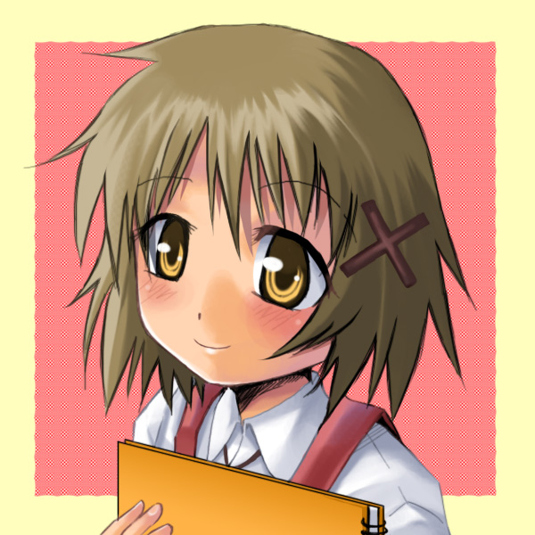 kaeru (ka=l), kaeru (pixiv11907), yuno (hidamari sketch), hidamari sketch, bad id, bad pixiv id, 00s, brown eyes, brown hair, school uniform, short hair, sketchbook, solo, yamabuki high school uniform