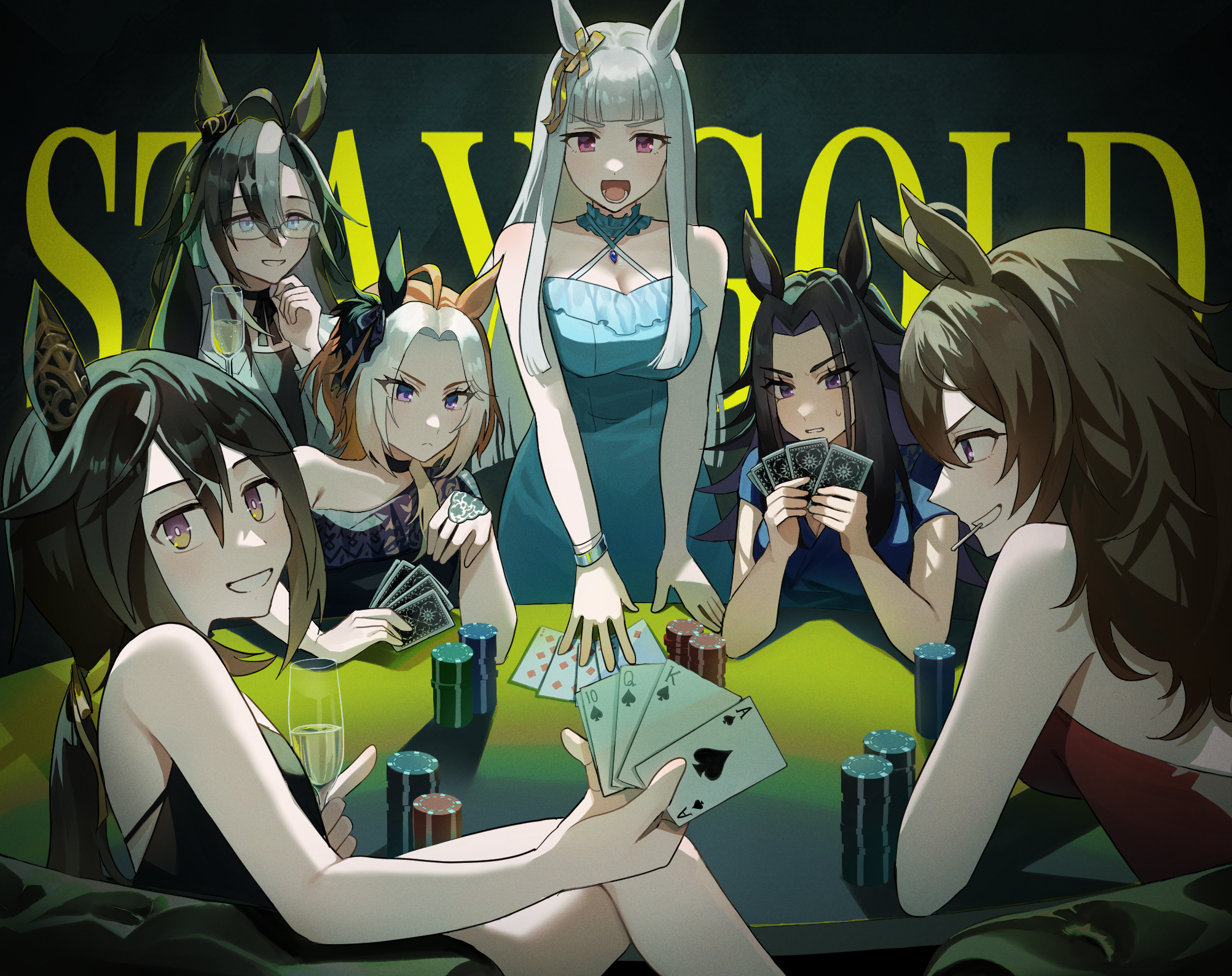 himo (user rzgz5877), dream journey (umamusume), fenomeno (umamusume), gold ship (umamusume), nakayama festa (umamusume), orfevre (umamusume), stay gold (umamusume), umamusume, commentary, english commentary, highres, 6+girls, ahoge, alternate costume, animal ears, bare shoulders, black choker, black dress, black hair, black shirt, blue dress, blue eyes, blunt bangs, blush, bow, bracelet, breasts, bridal gauntlets, brown eyes, brown hair, candy, card, choker, cleavage, closed mouth, cup, dress, drinking glass, ear bow, ear covers, ear ornament, ear ribbon, flipped hair, food, glass, glasses, grey hair, grey jacket, hair between eyes, hair down, hair intakes, horse ears, horse girl, jacket, jewelry, large breasts, lollipop, lollipop in mouth, long hair, looking at viewer, multicolored hair, multiple girls, open mouth, orange hair, playing card, poker, poker chip, poker table, ponytail, purple dress, purple eyes, purple hair, red dress, royal flush, shirt, short sleeves, single-shoulder dress, single ear cover, sleeveless, sleeveless dress, smile, stay gold clan (umamusume), straight flush (poker), streaked hair, table, teeth, white hair, wine glass