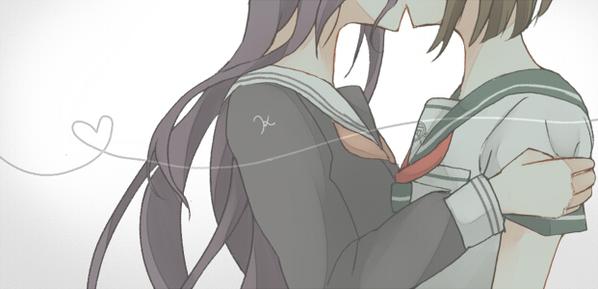 fukawa toko, naegi komaru, danganronpa (series), danganronpa another episode: ultra despair girls, commentary request, 2girls, black shirt, blue sailor collar, collared shirt, eyes out of frame, from side, hand on another's arm, head out of frame, heart, kiss, long sleeves, multiple girls, neckerchief, purple hair, red neckerchief, sailor collar, shirt, short hair, short sleeves, simple background, sincerely122, white background, white sailor collar, white shirt, yuri