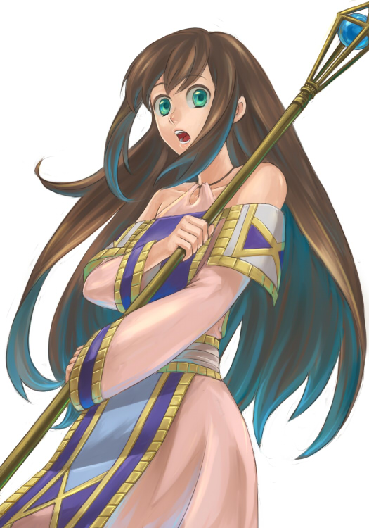 iochi (kotan), milk1110, viki, viki (suikoden), gensou suikoden, gensou suikoden iv, 1girl, brown hair, female focus, green eyes, long hair, open mouth, robe, solo, staff, surprised