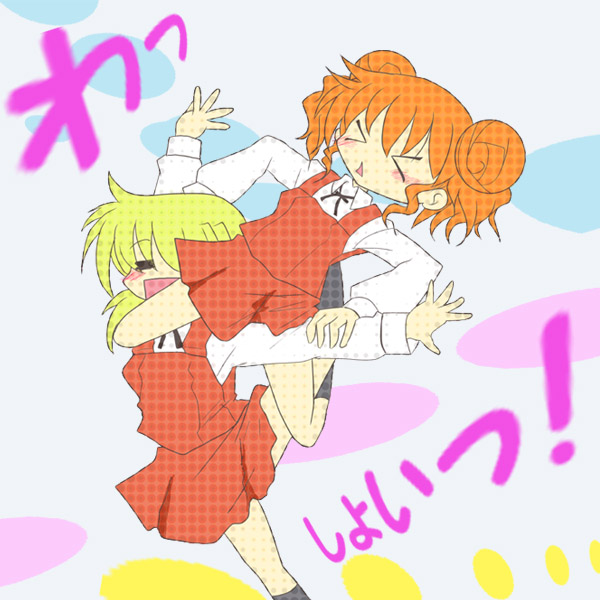 shishinon, hiro (hidamari sketch), miyako (hidamari sketch), hidamari sketch, translation request, > <, 00s, blonde hair, closed eyes, double bun, hair bun, red hair, school uniform, yamabuki high school uniform