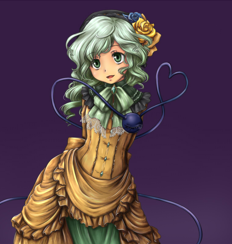 kanro-candy, komeiji koishi, touhou, commentary request, 1girl, blue flower, blue rose, bow, bowtie, brooch, cowboy shot, dress, flower, frilled dress, frills, green bow, green bowtie, green eyes, green hair, heart, heart of string, jewelry, lolita fashion, long hair, open mouth, purple background, rose, simple background, smile, solo, third eye, yellow dress, yellow flower, yellow rose