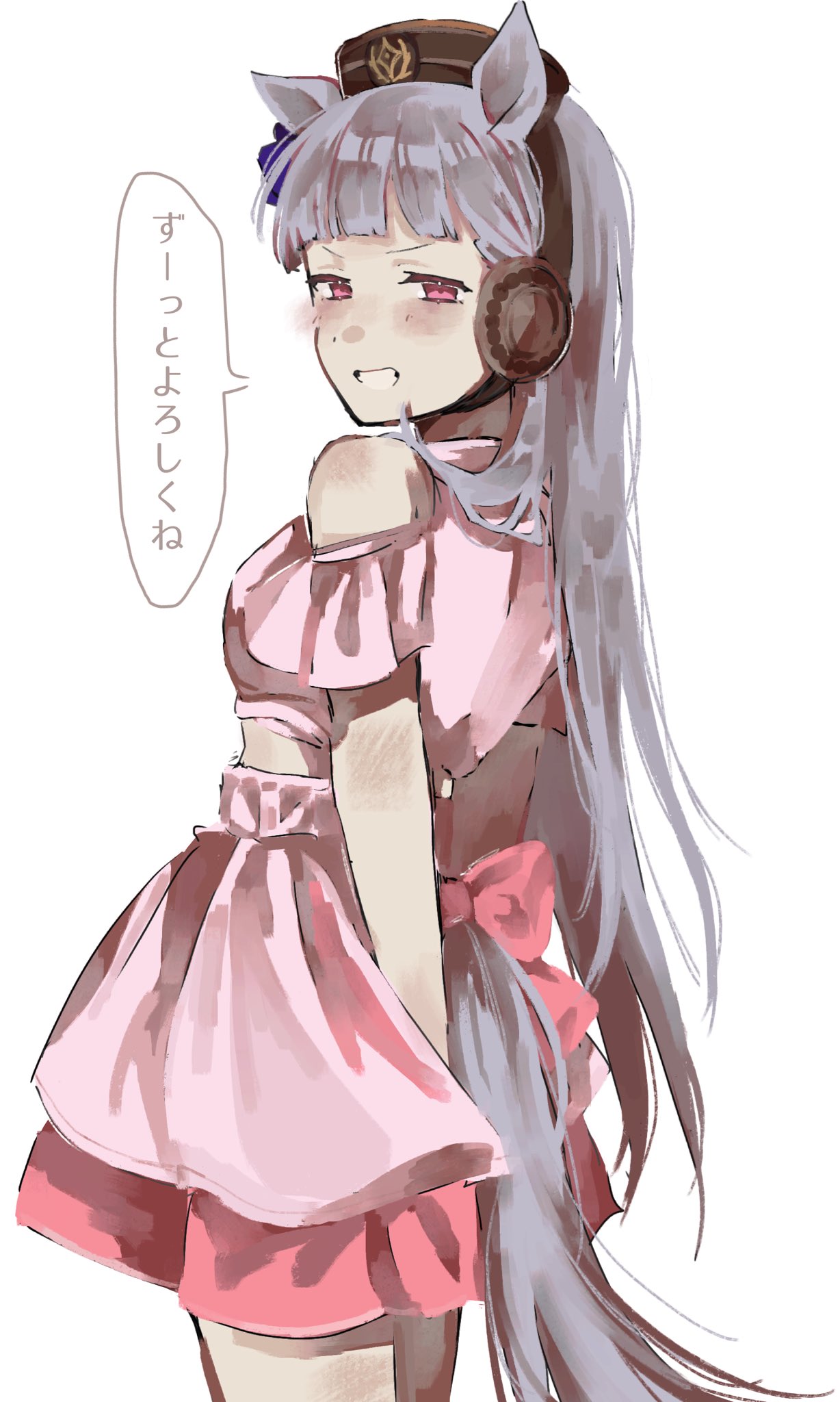 gold ship (umamusume), umamusume, highres, 1girl, animal ears, bkv8j, blunt bangs, blush, bow, breasts, brown hat, clothing cutout, cowboy shot, cropped shirt, ear bow, ear ornament, grey hair, hat, horse ears, horse girl, horse tail, layered skirt, long hair, looking at viewer, meni shuki rush-sshu!, open mouth, pillbox hat, pink shirt, pink skirt, purple bow, purple eyes, shirt, shoulder cutout, simple background, skirt, smile, solo, speech bubble, tail, white background