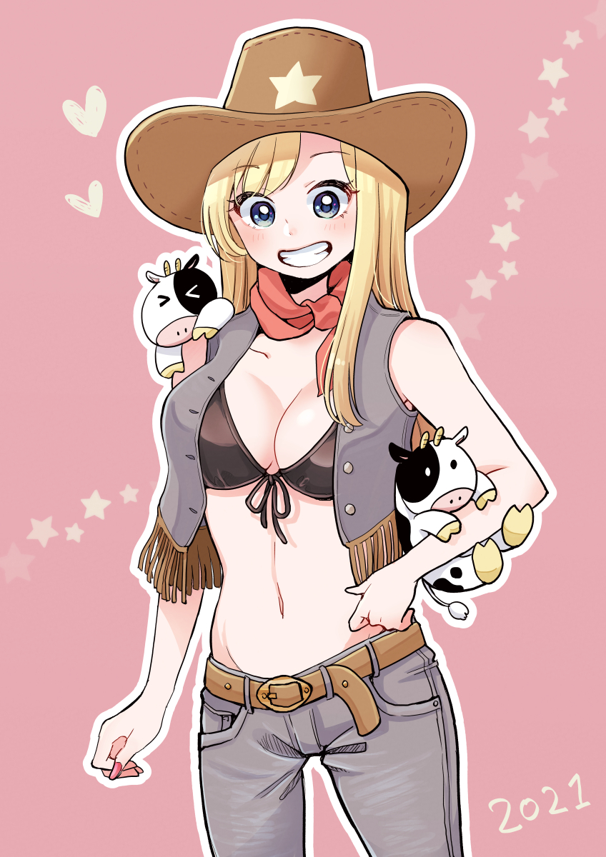 pipikopipiko, original, commentary request, highres, 1girl, 2021, bare arms, bare shoulders, belt, black bra, blonde hair, bra, breasts, brown belt, brown hat, brown pants, brown vest, cleavage, cow, cowboy hat, cowboy shot, cowgirl (western), front-tie bra, grin, hat, long hair, looking at viewer, medium breasts, navel, open clothes, open vest, outline, pants, pink background, smile, solo, stomach, underwear, vest, white outline