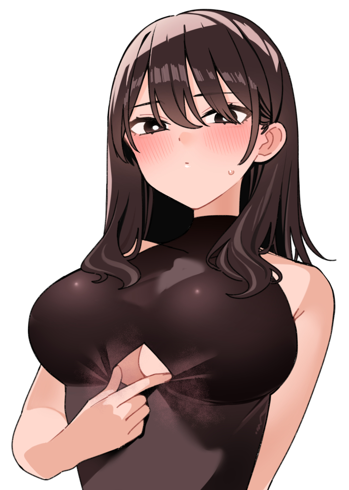 byte (allbyte), original, commentary request, highres, 1girl, bare arms, bare shoulders, blush, breasts, bright pupils, brown eyes, brown hair, clothing cutout, large breasts, long hair, looking at viewer, simple background, small sweatdrop, solo, underboob cutout, upper body, white background, white pupils
