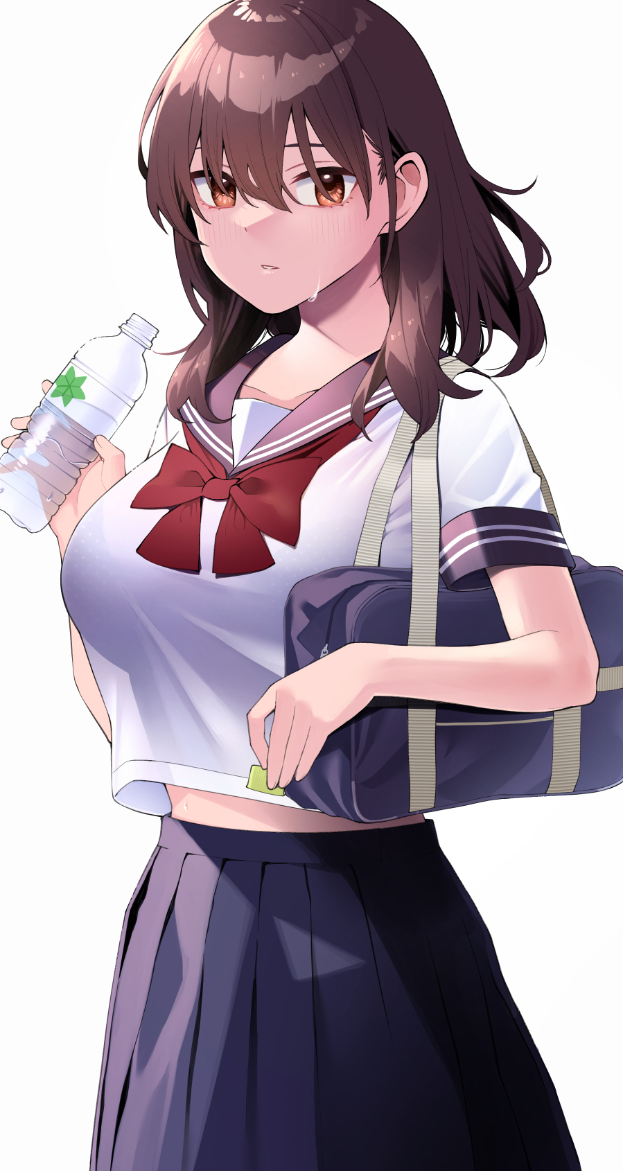 byte (allbyte), original, commentary request, highres, 1girl, bag, blue bag, blue sailor collar, blue skirt, bottle, bow, bowtie, breasts, brown eyes, brown hair, cowboy shot, holding, holding bottle, large breasts, looking at viewer, medium hair, midriff, parted lips, pleated skirt, red bow, red bowtie, sailor collar, school bag, school uniform, serafuku, shirt, simple background, skirt, solo, sweat, water bottle, white background, white shirt