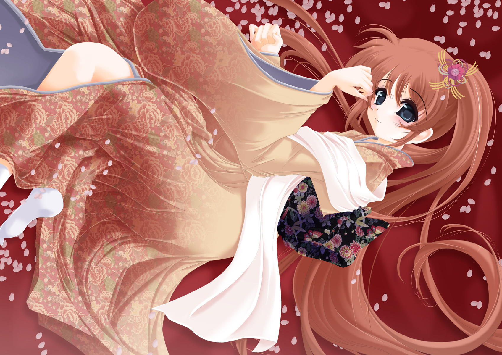 frapowa, takamachi nanoha, lyrical nanoha, mahou shoujo lyrical nanoha, mahou shoujo lyrical nanoha strikers, highres, 00s, blue eyes, brown hair, cherry blossoms, flower, hair flower, hair ornament, japanese clothes, kimono, long hair, petals, side ponytail, socks, solo, twintails