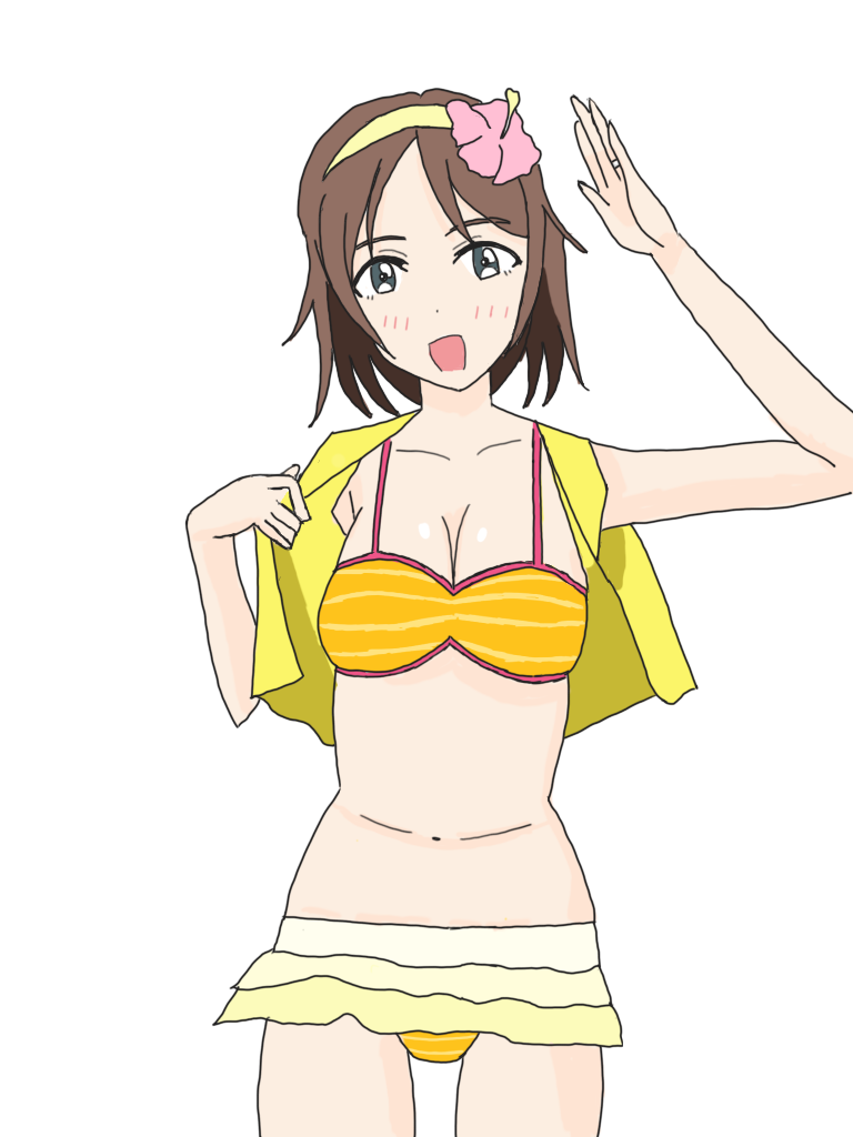 kosaka honoka's mother, love live!, love live! school idol project, 1girl, bikini, breasts, brown hair, cleavage, natsuiro egao de 1 2 jump!, striped bikini, striped clothes, swimsuit