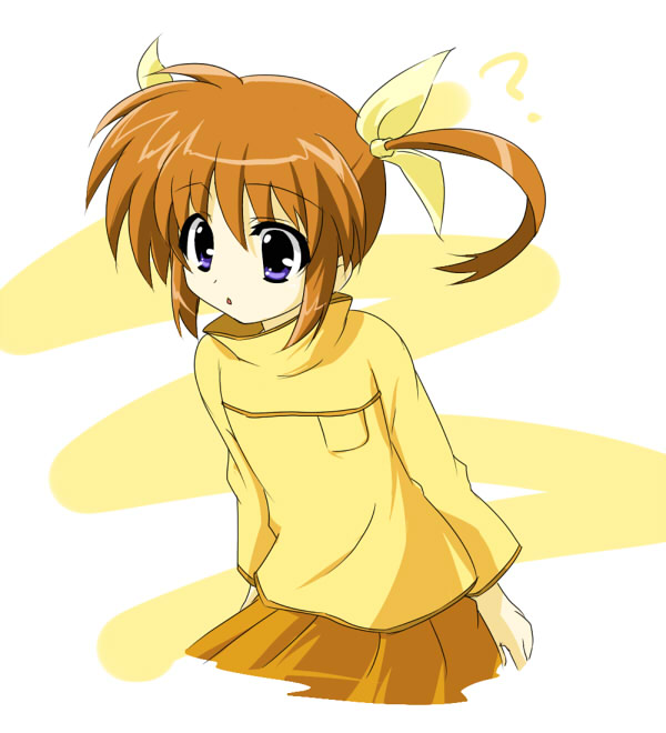 oka (bananashoe), takamachi nanoha, lyrical nanoha, mahou shoujo lyrical nanoha, 00s, 1girl, ?, blue eyes, female focus, hair ribbon, orange hair, orange skirt, ribbon, shirt, skirt, solo, twintails, yellow shirt
