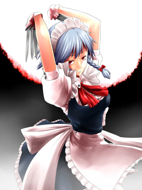 captain freedom, izayoi sakuya, touhou, bad id, bad pixiv id, 1girl, apron, between fingers, blue hair, braid, female focus, gloves, holding, knife, long hair, maid, maid apron, red eyes, short twintails, solo, throwing knife, twin braids, twintails, weapon