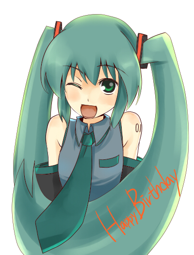 roas, rs (pixiv22589), hatsune miku, vocaloid, bad id, bad pixiv id, 1girl, detached sleeves, female focus, green eyes, green hair, happy birthday, long hair, matching hair/eyes, necktie, one eye closed, solo, twintails, wink