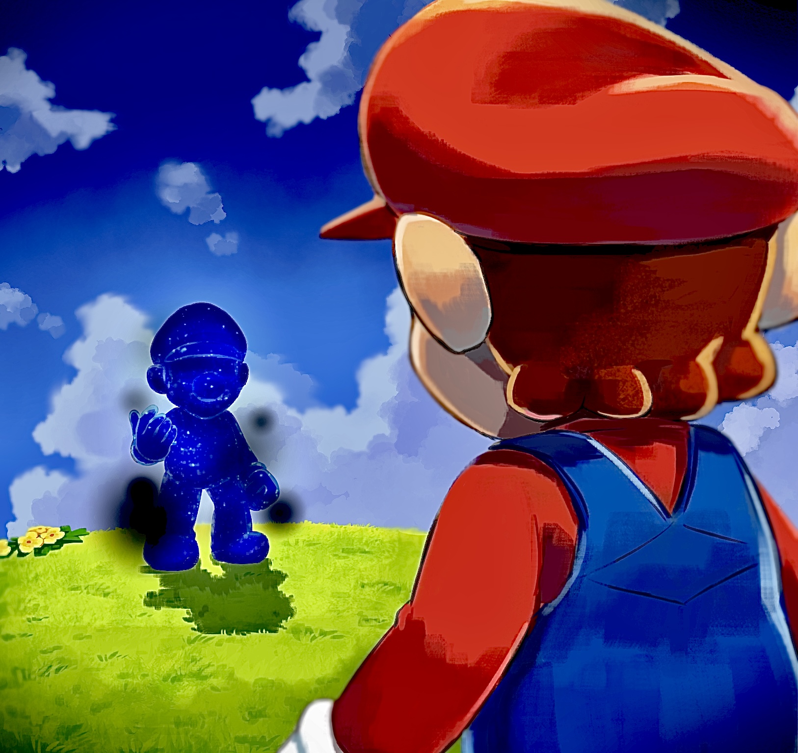 yamari (ya mari 6363), cosmic mario, mario, mario (series), nintendo, super mario galaxy, highres, 2boys, blue overalls, blue sky, brown hair, cloud, day, gloves, grass, hat, looking at another, multiple boys, outdoors, overalls, red hat, red shirt, shirt, short hair, sky, white gloves