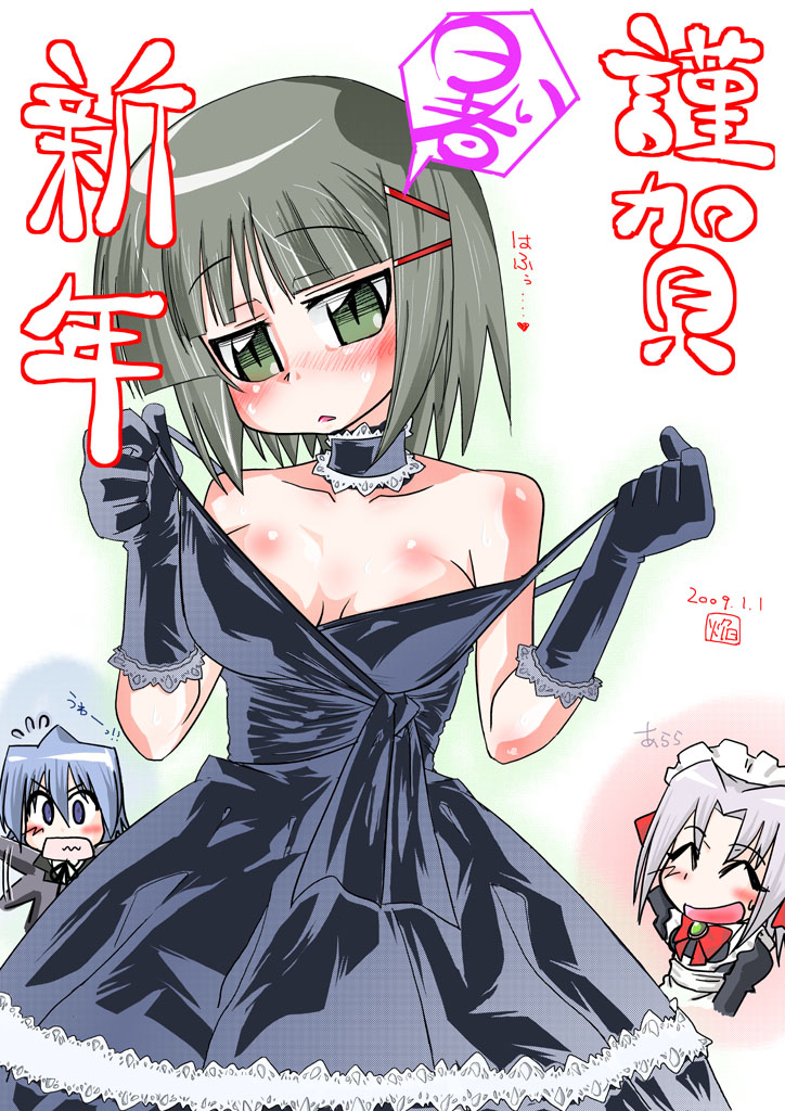 ikebata homura, aizawa sakuya, ayasaki hayate, harukaze chiharu, hayate no gotoku!, silver hair, translation request, 00s, 3girls, bare shoulders, black dress, black gloves, blush, breasts, choker, clothes pull, dress, dress pull, elbow gloves, gloves, green eyes, hair ornament, hairclip, maid, maid headdress, multiple girls, no bra, pulling own clothes, short hair, undressing