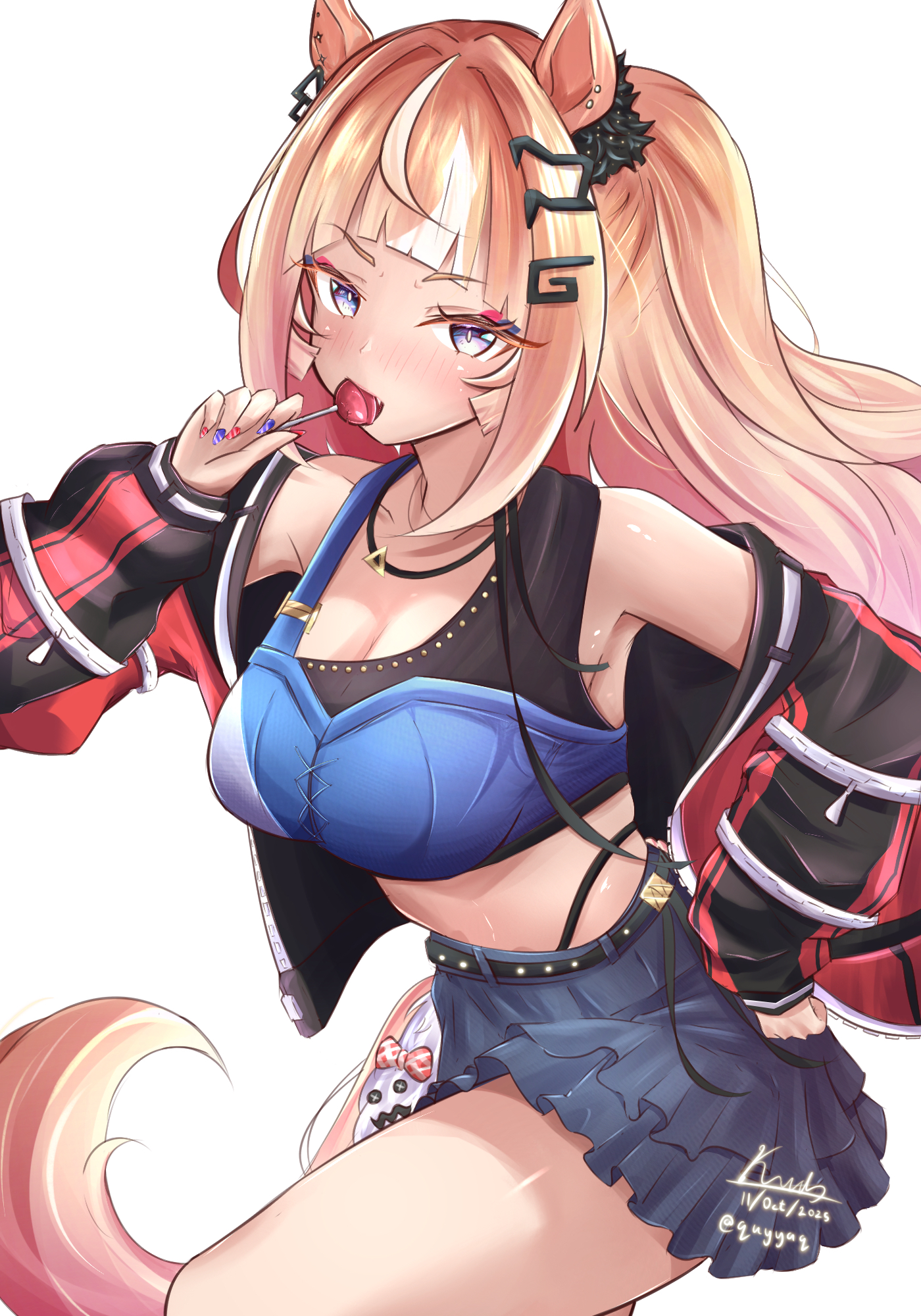 quyyaq, espoir city (red devil gear) (umamusume), espoir city (umamusume), umamusume, highres, 1girl, animal ears, bare shoulders, black jacket, blue eyes, blue sports bra, blush, breasts, brown hair, candy, cleavage, collarbone, ear ornament, food, hair ornament, holding, holding candy, holding food, holding lollipop, horse ears, horse girl, horse tail, jacket, jewelry, large breasts, lollipop, lollipop in mouth, long hair, looking at viewer, midriff, multicolored hair, necklace, open clothes, open jacket, orange hair, panty straps, ponytail, red jacket, simple background, skirt, solo, sports bra, tail, white background, white hair
