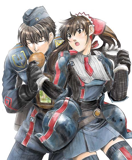 heizo, hinoen, kitou en, alicia melchiott, welkin gunther, sega, senjou no valkyria, senjou no valkyria (series), senjou no valkyria 1, bad id, bad pixiv id, 00s, 1boy, 1girl, blush, bread, brown eyes, brown hair, closed eyes, food, grey hair, hat, long hair, military, military uniform, short hair, skirt, surprised, thighhighs, twintails