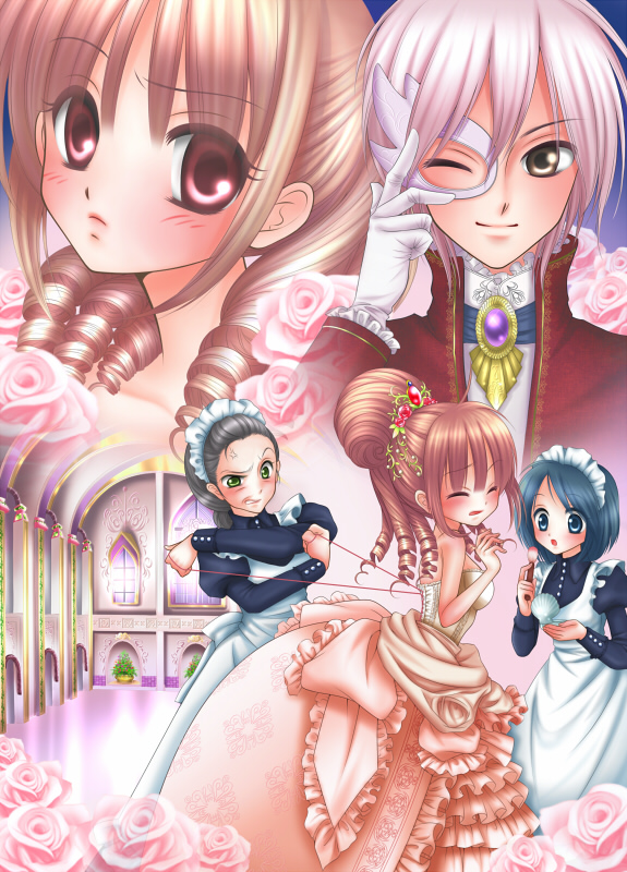 youkuzuri, original, blue eyes, blue hair, blush, brown eyes, brown hair, corset, dress, maid, makeup, mask, pain