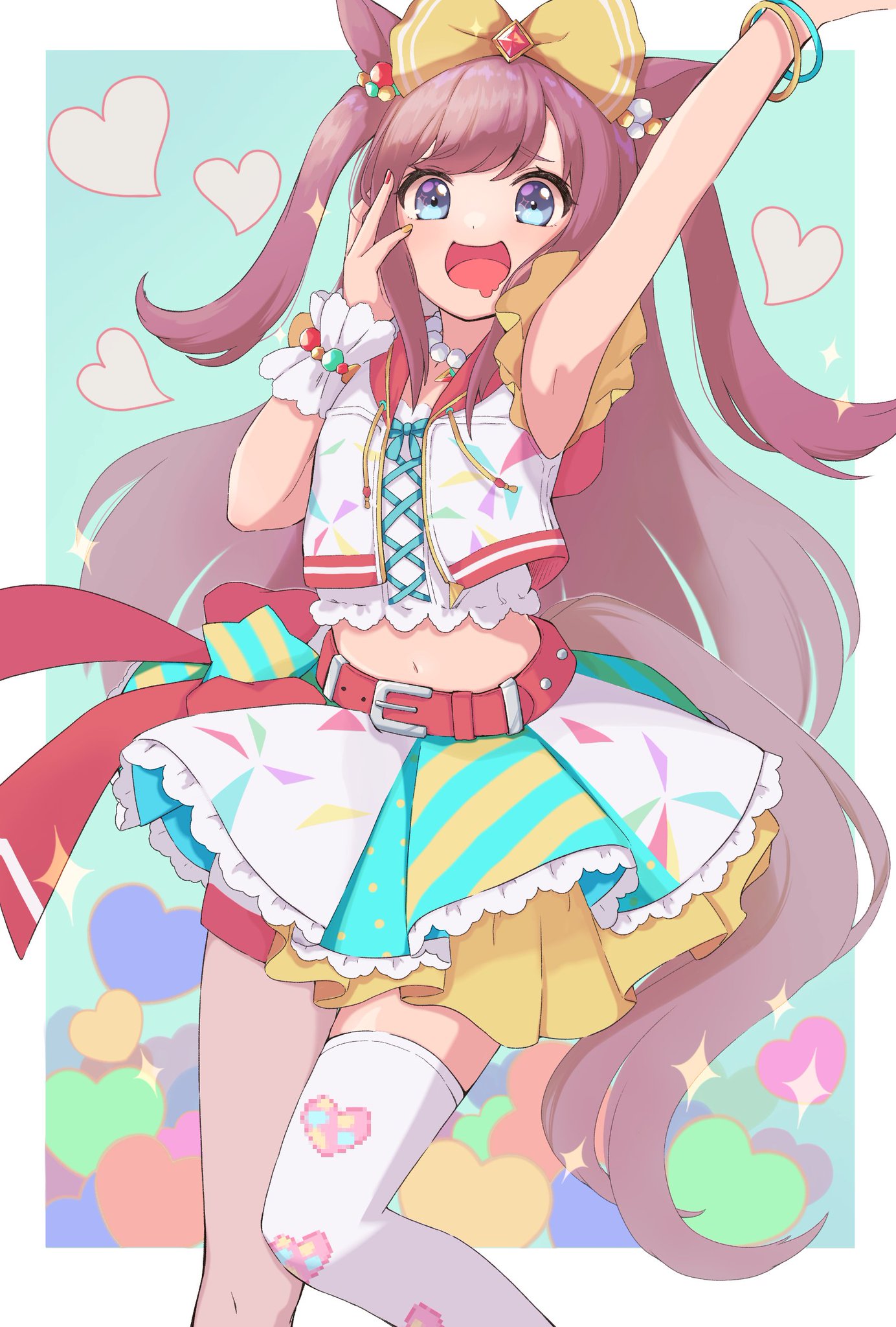 aisu (i ce pinon pino), agnes digital (super express! full color special) (umamusume), agnes digital (umamusume), umamusume, commentary request, highres, 1girl, animal ears, arm up, armpits, belt, blue background, blue eyes, bow, brown hair, cowboy shot, drooling, hair bow, heart, horse ears, horse girl, horse tail, long hair, looking at viewer, midriff, mouth drool, navel, open mouth, red belt, red nails, simple background, single thighhigh, skirt, sleeveless, smile, solo, tail, thighhighs, two side up, white thighhighs, yellow nails