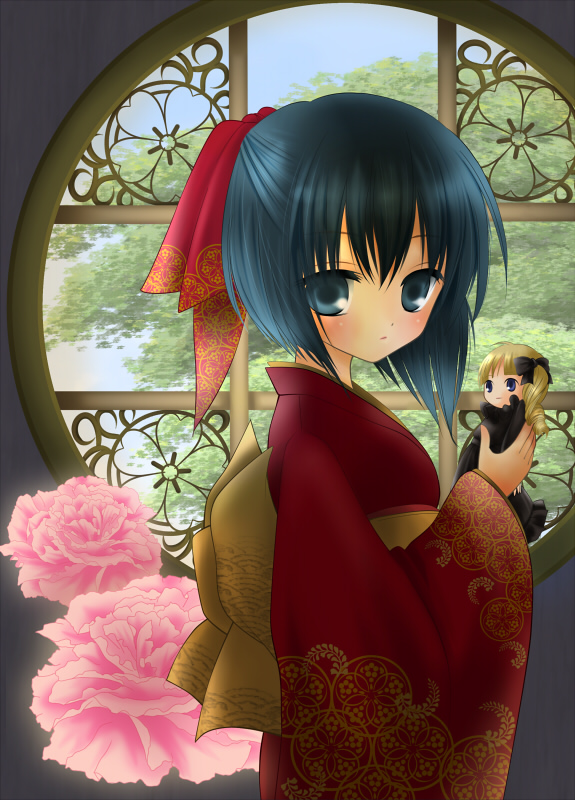 youkuzuri, original, 1girl, blue eyes, blue hair, doll, female focus, flower, japanese clothes, kimono, matching hair/eyes, obi, red kimono, sash, solo, tree, window