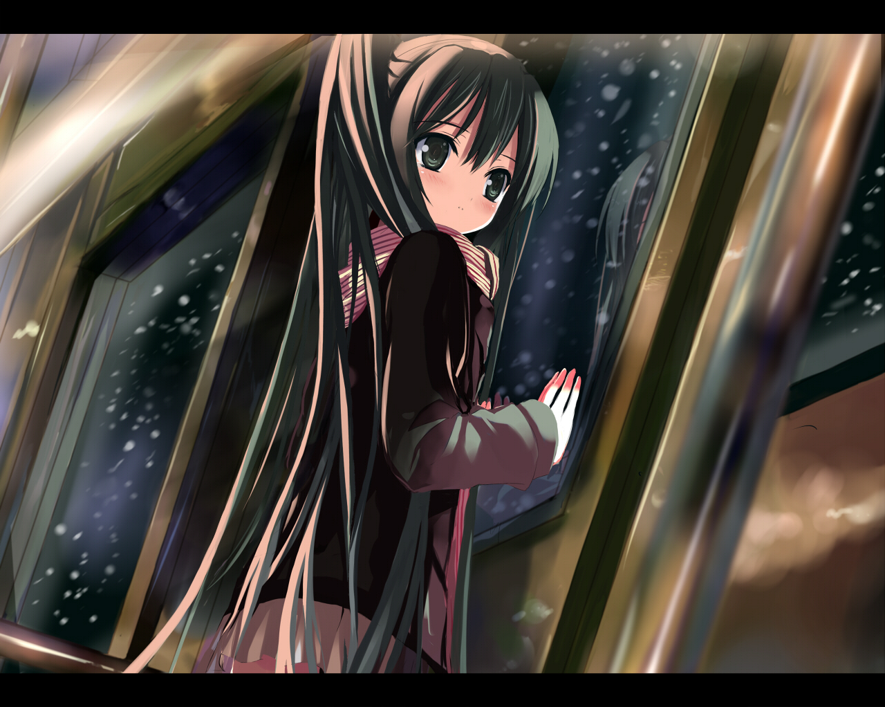 shino (eefy), hatsune miku, hajimete no koi ga owaru toki (vocaloid), vocaloid, 1girl, female focus, green eyes, green hair, hand on window, letterboxed, long hair, looking back, matching hair/eyes, snow, solo, twintails, window