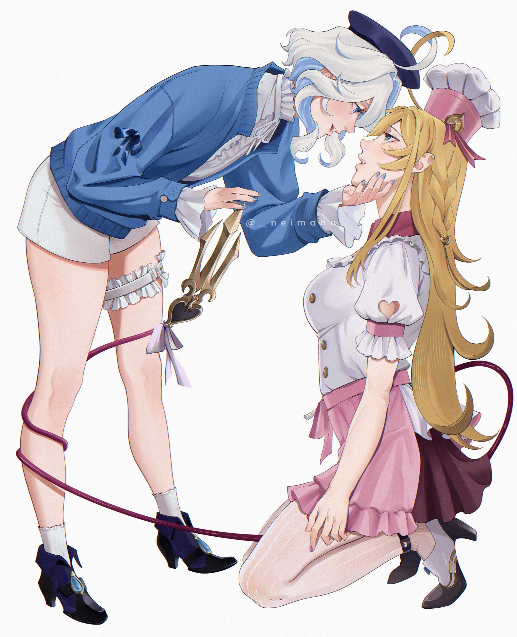 neimana, escoffier (genshin impact), furina (genshin impact), genshin impact, absurdres, commentary, english commentary, highres, 2girls, black shoes, blonde hair, blue eyes, blue jacket, blue nails, blue streaks, green eyes, high heels, jacket, kneeling, long hair, multiple girls, pantyhose, parted lips, pink skirt, shirt, shoes, shorts, simple background, skirt, socks, tail, thigh strap, white background, white hair, white pantyhose, white shirt, white shorts, white socks, yuri