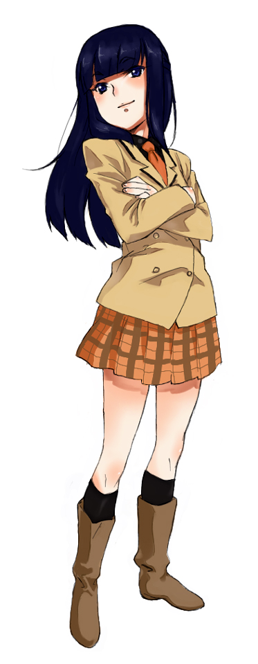 kirisato itsuki, iizuka tatsuki, hyakko, bad id, bad pixiv id, 00s, 1girl, boots, crossed arms, female focus, full body, legs, school uniform, simple background, socks, solo