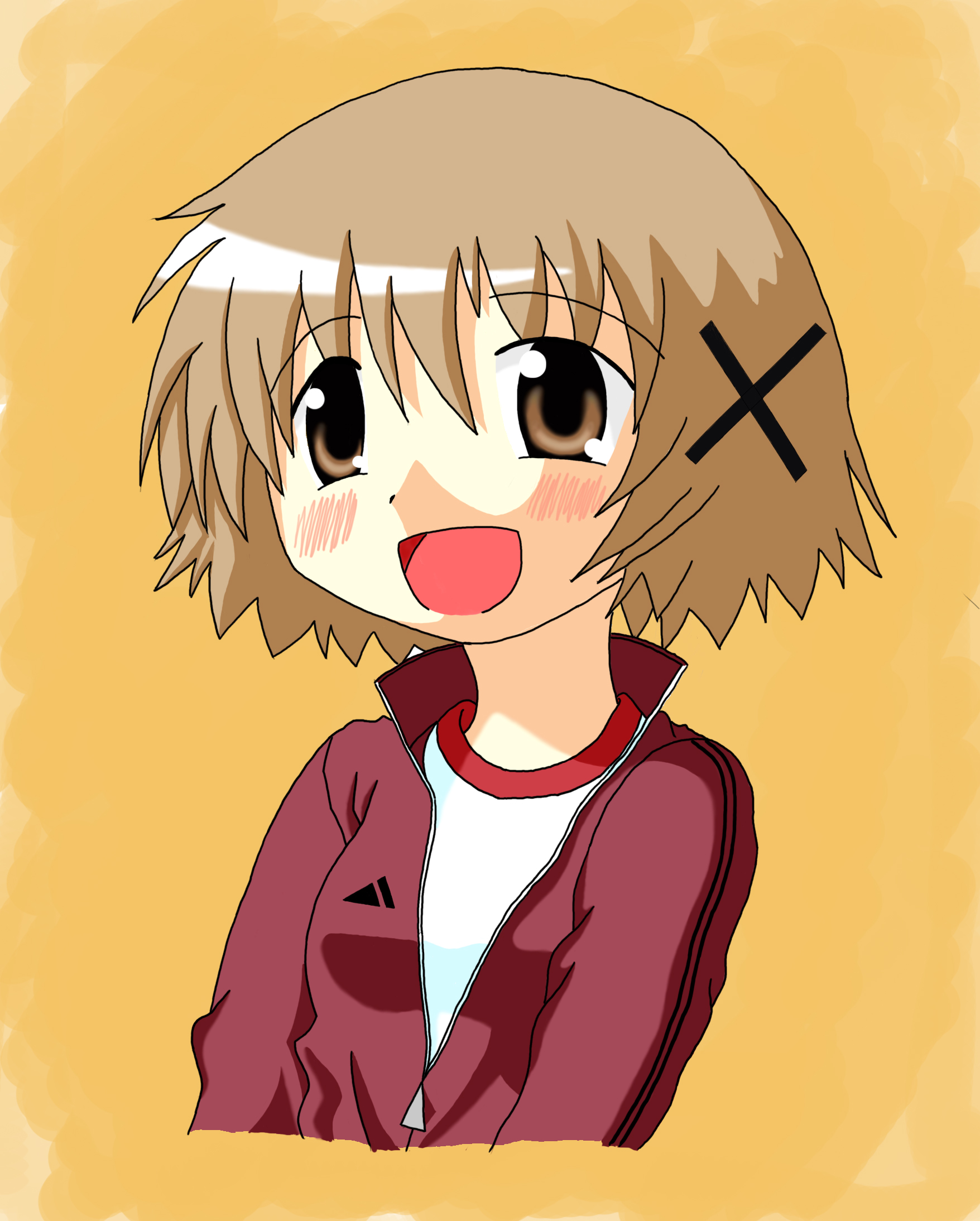 dansora, yuno (hidamari sketch), hidamari sketch, highres, 00s, 1girl, :d, brown eyes, brown hair, female focus, open mouth, short hair, smile, solo, track suit, upper body