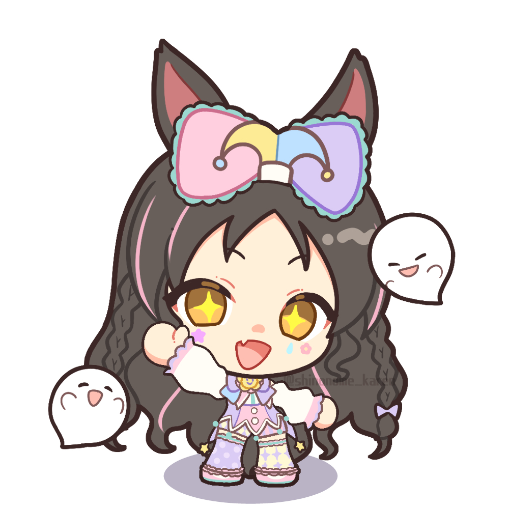 marvelous sunday (trick ribbonetta) (umamusume), marvelous sunday (umamusume), umamusume, + +, 1girl, animal ears, black hair, bow, braid, breasts, chibi, closed eyes, facial mark, fang, full body, ghost, hair bow, hair ornament, horse ears, horse girl, horse tail, jester costume, long hair, long sleeves, looking at viewer, mismatched thighhighs, multicolored hair, open mouth, pink hair, purple thighhighs, shinonome karen, shirt, simple background, skin fang, skirt, smile, streaked hair, tail, thighhighs, white background, yellow eyes, yellow thighhighs