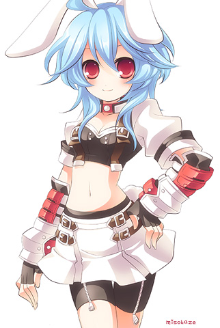 bunny (trickster), trickster (ntreev soft), lowres, 10s, animal ears, blue hair, choker, fingerless gloves, gloves, midriff, rabbit ears, red eyes, skirt, solo