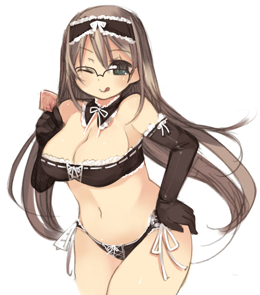 kashiwamochi yomogi, 1girl, breasts, cleavage, condom, elbow gloves, female focus, glasses, gloves, large breasts, lingerie, long hair, one eye closed, panties, solo, tongue, underwear, wink