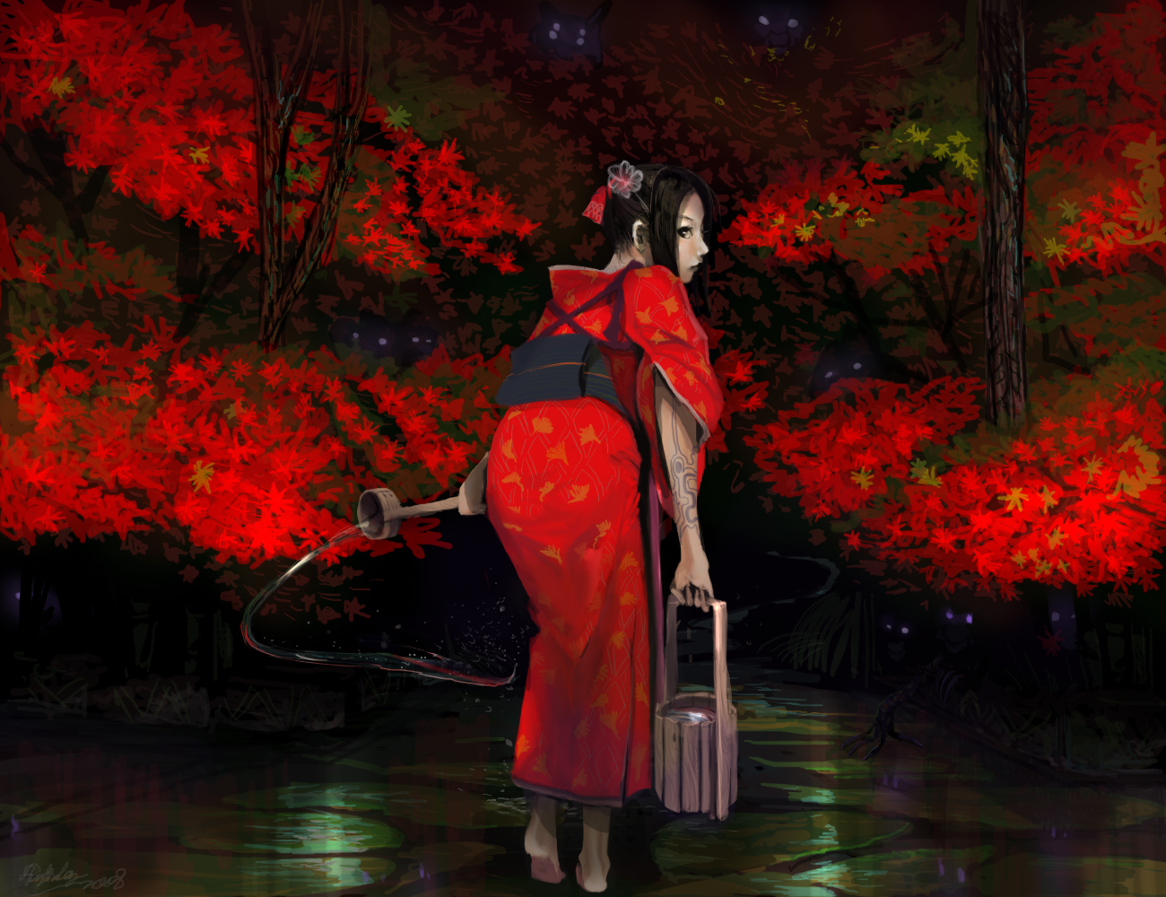 kyan-dog, original, autumn, black hair, japanese clothes, kimono, leaf, looking back, monster, red theme, solo, standing, tattoo, watering can