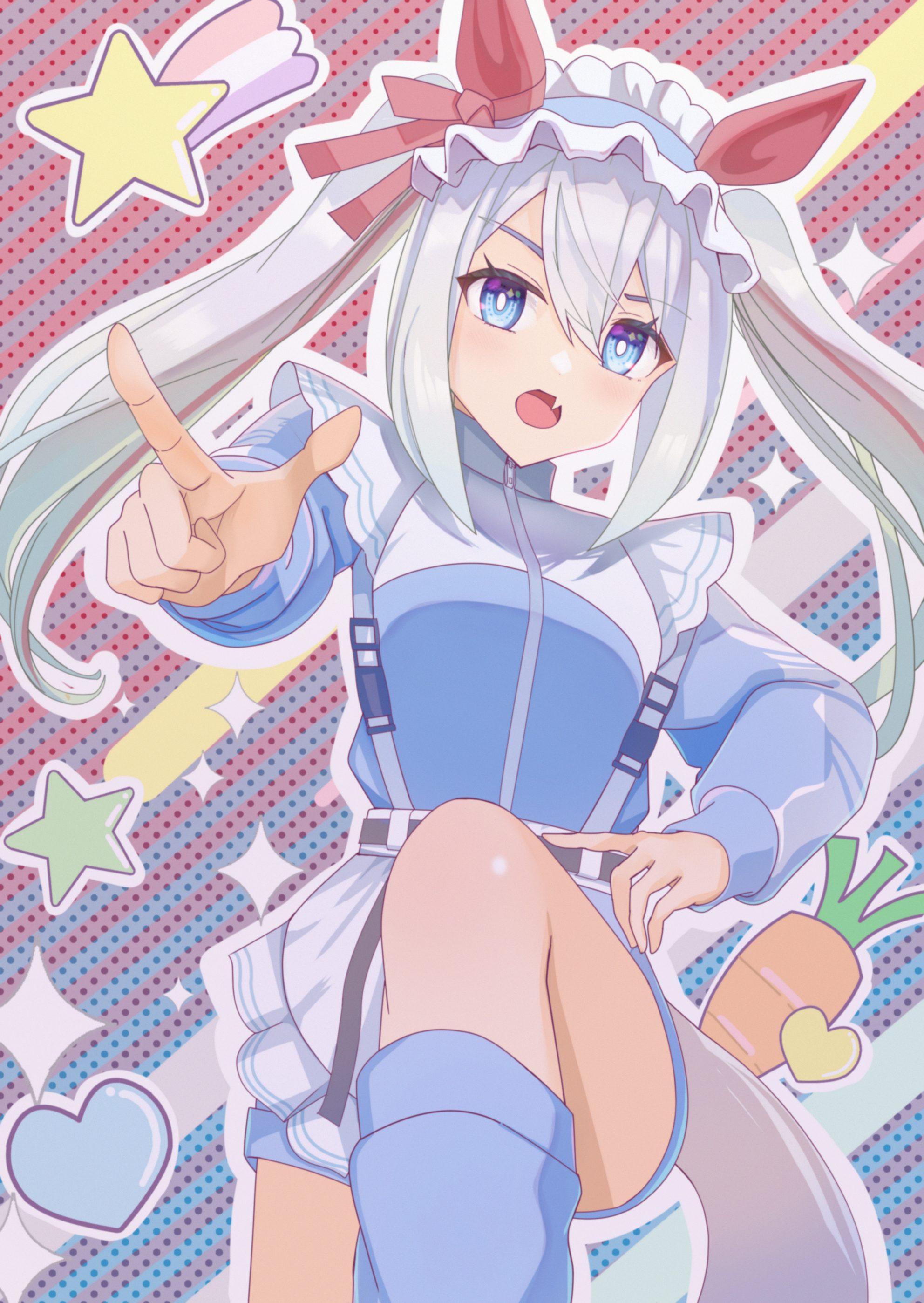 0niq, tamamo cross (umamusume), umamusume, umamusume: cinderella gray, absurdres, highres, 1girl, alternate costume, animal ears, apron, blue eyes, blue headdress, blue jacket, blue shorts, blue socks, blush, bow, carrot, ear bow, ear covers, ear ornament, fang, frilled apron, frills, grey hair, grey tail, hair between eyes, headdress, heart, horse ears, horse girl, horse tail, jacket, jersey maid, long hair, long sleeves, looking at viewer, loose socks, maid, maid apron, maid headdress, multicolored hair, open mouth, red hair, shorts, socks, solo, star (symbol), streaked hair, tail, thighs, track jacket, twintails, unconventional maid, very long hair, waist apron, white apron, white headdress