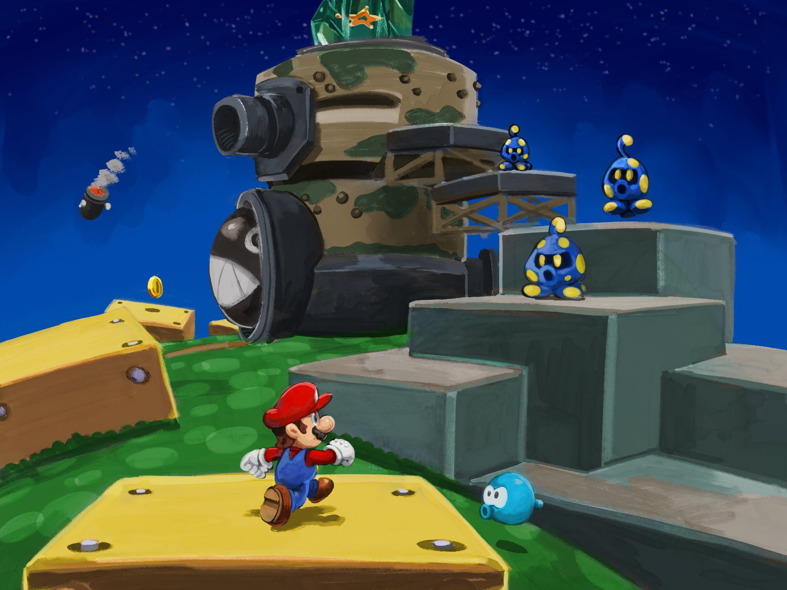 yamari (ya mari 6363), bullet bill, chain chomp, mario, octoomba, slurple, mario (series), nintendo, super mario galaxy, highres, 1boy, blue overalls, boots, brown boots, brown hair, chomp box, coin, gloves, good egg galaxy (mario), grass, hat, ice, in-universe location, launch star (mario), overalls, red hat, red shirt, shirt, short hair, white gloves